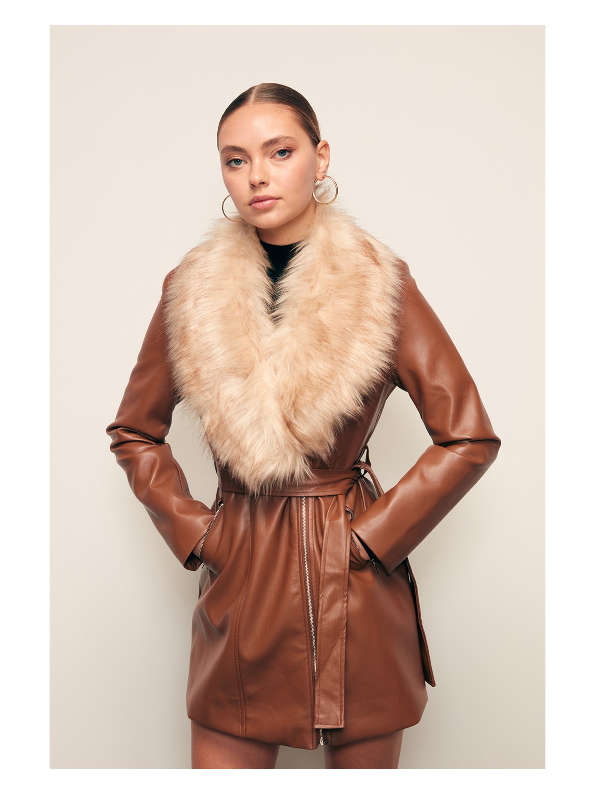 Sateen Kürk Detaylı Deri Ceket - Taş - Görsel 6