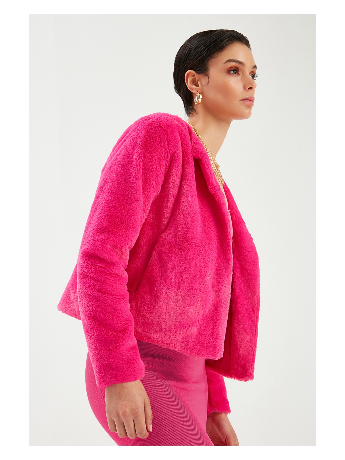 Sateen Yakasız Peluş Ceket - Ekru - Görsel 4