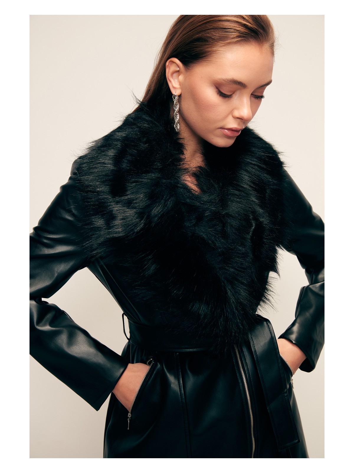 Sateen Kürk Detaylı Deri Ceket - Taş - Görsel 5