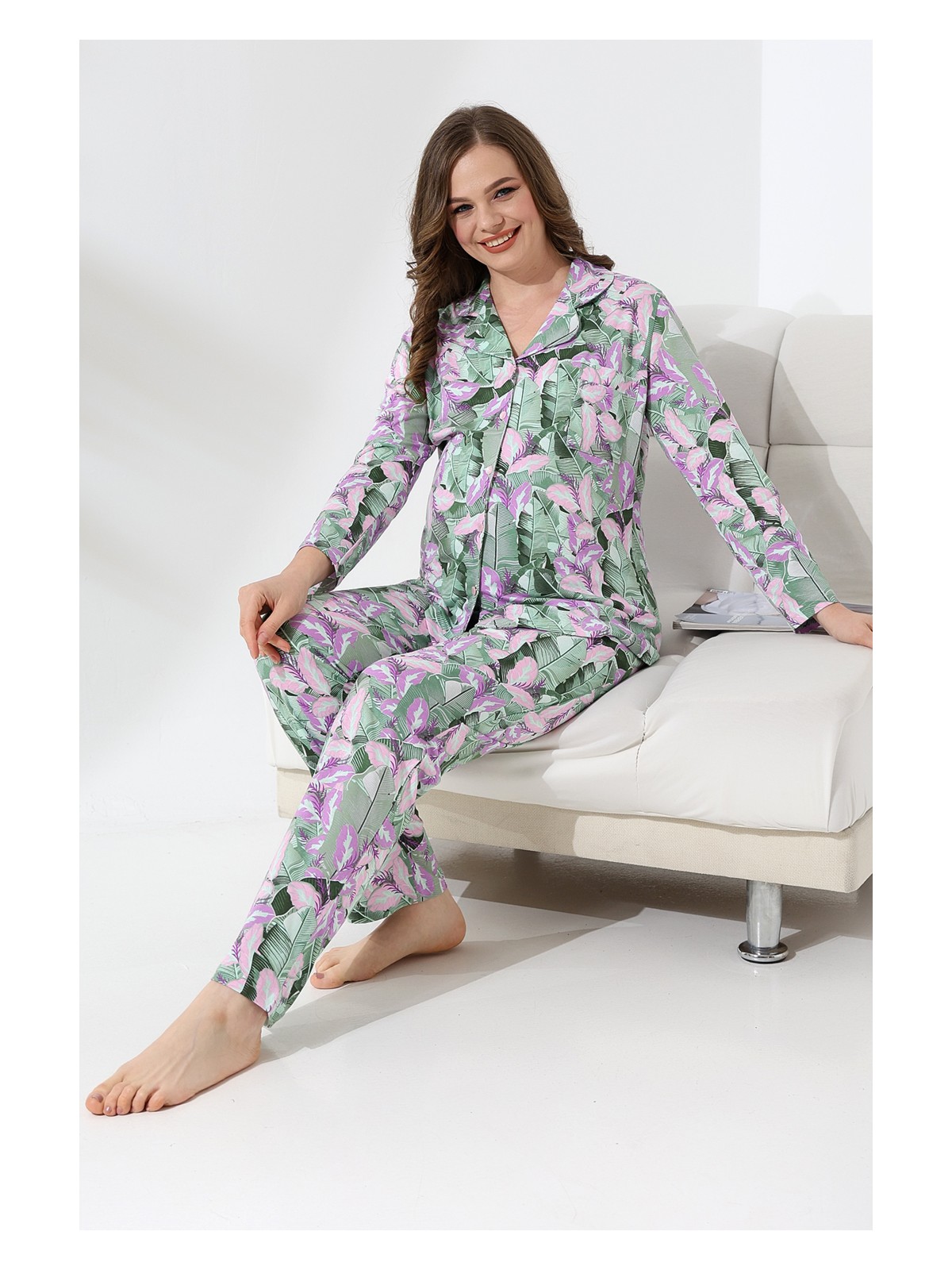 Likapa Penye Önden Düğmeli Hamile Lohusa Uzun Kol Pijama Takımı - Görsel 8