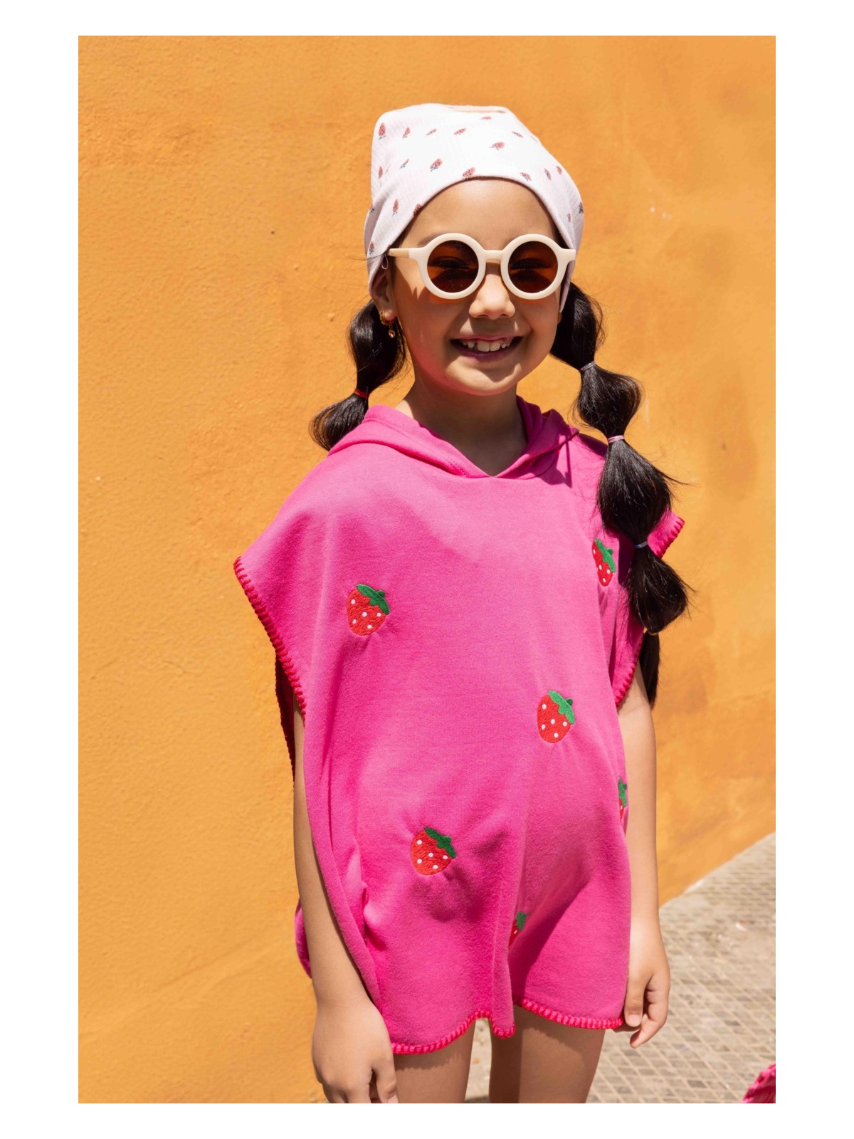 Luess Kız Çocuk Pembe Çilek Baskılı Panço