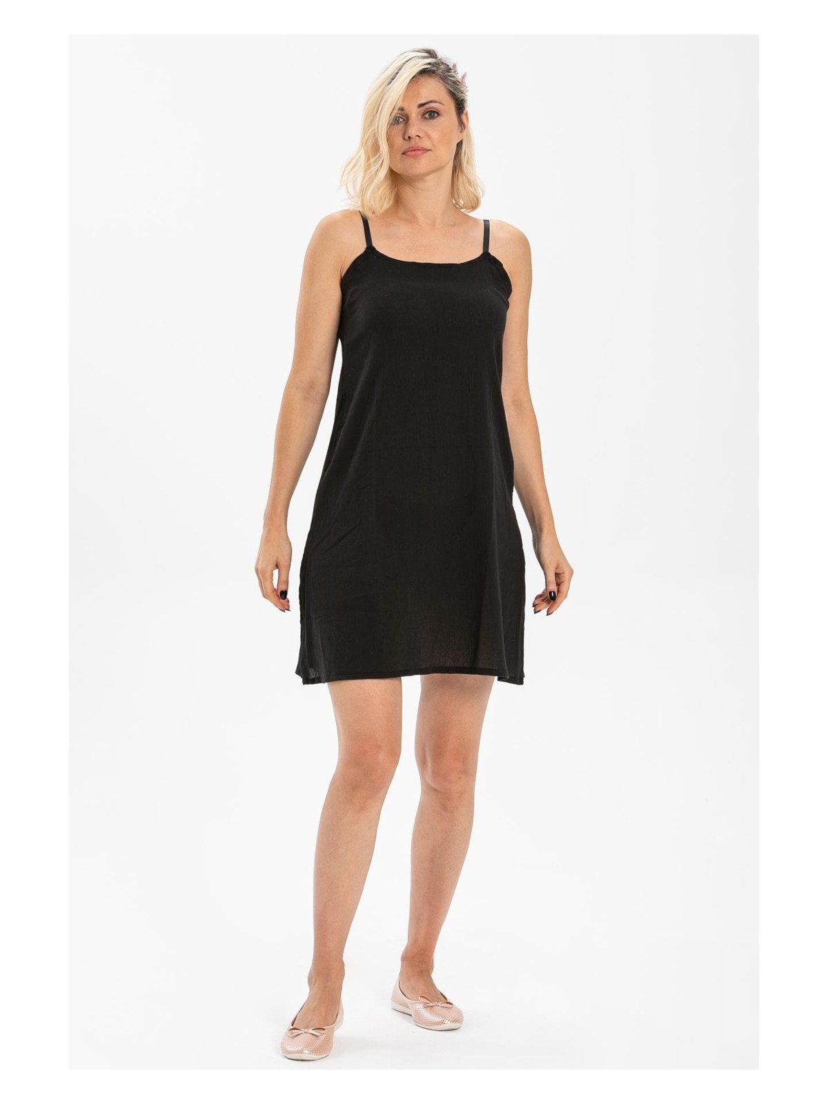 Eliş Şile Bezi Pamuk Kombinezon Şile Bezi Kısa Elbise İç Astarı Ayarlanabilir İp Askılı Jüpon Siyah Syh