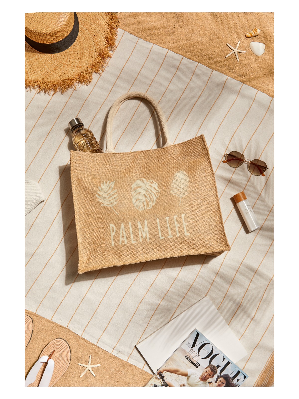 Ocean Home Textile Lıve Sımply Baskılı Hasır Renkli Naturel Jüt Alışveriş, Omuz, Kol, Deniz Plaj Çantası 42x12x35 cm - Görsel 4