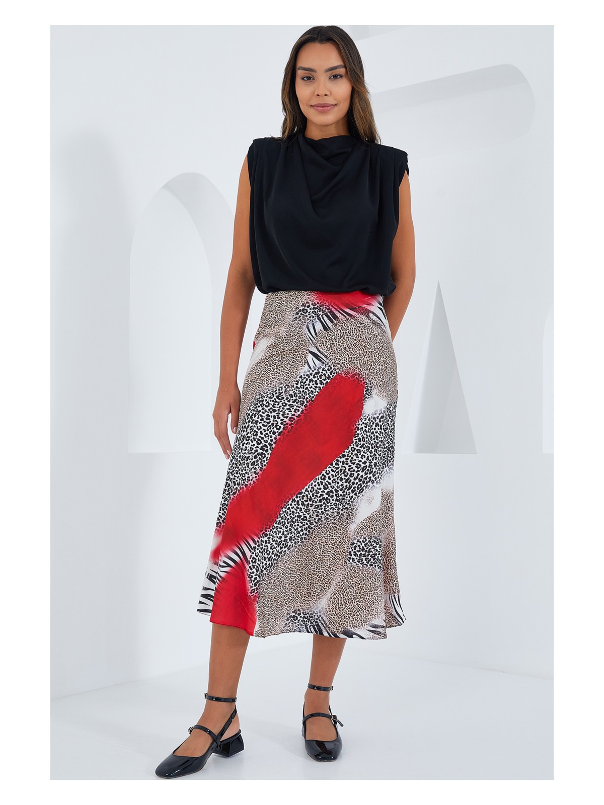 Bigdart Kadın Kırmızı Siyah Desenli Saten Etek 15806