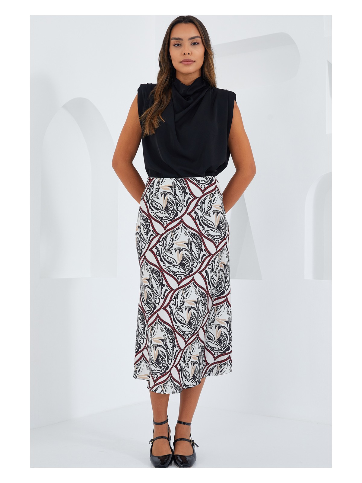 Bigdart Kadın Kırmızı Siyah Desenli Saten Etek 15806 - Görsel 7