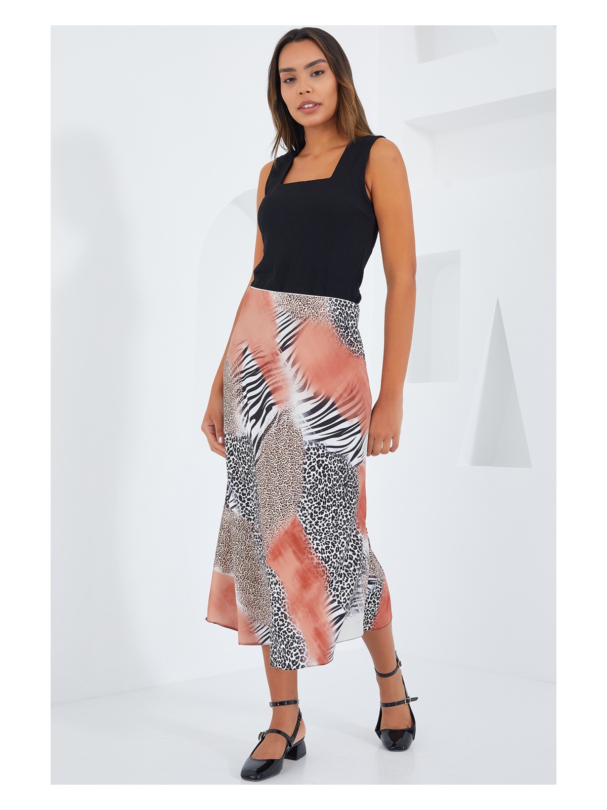 Bigdart Kadın Kırmızı Siyah Desenli Saten Etek 15806 - Görsel 6