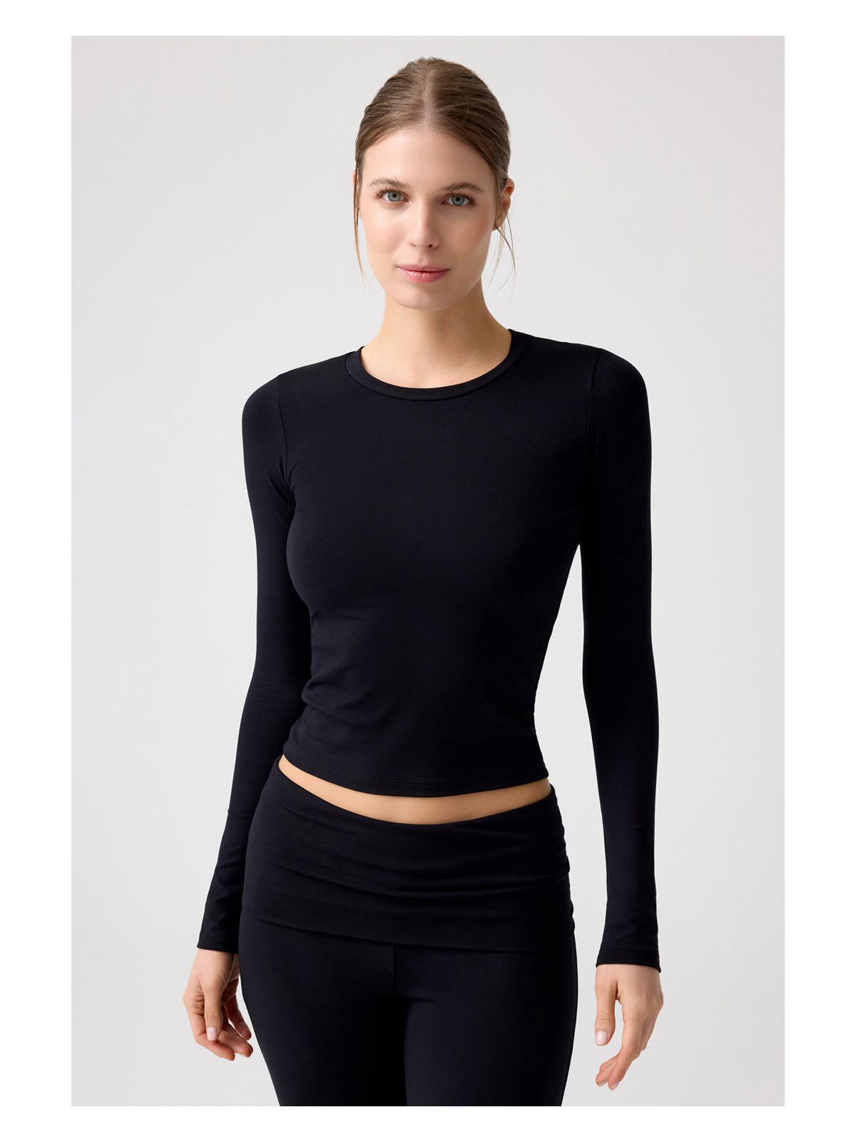 Los Ojos x Melodi Gri Melanj Uzun Kollu Kısa Bluz Long Fitted - Görsel 6