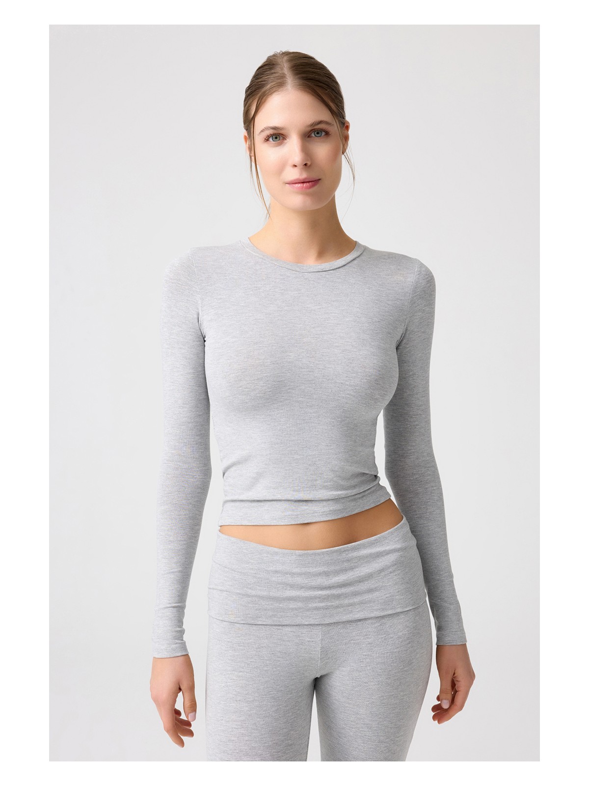 Los Ojos x Melodi Gri Melanj Uzun Kollu Kısa Bluz Long Fitted