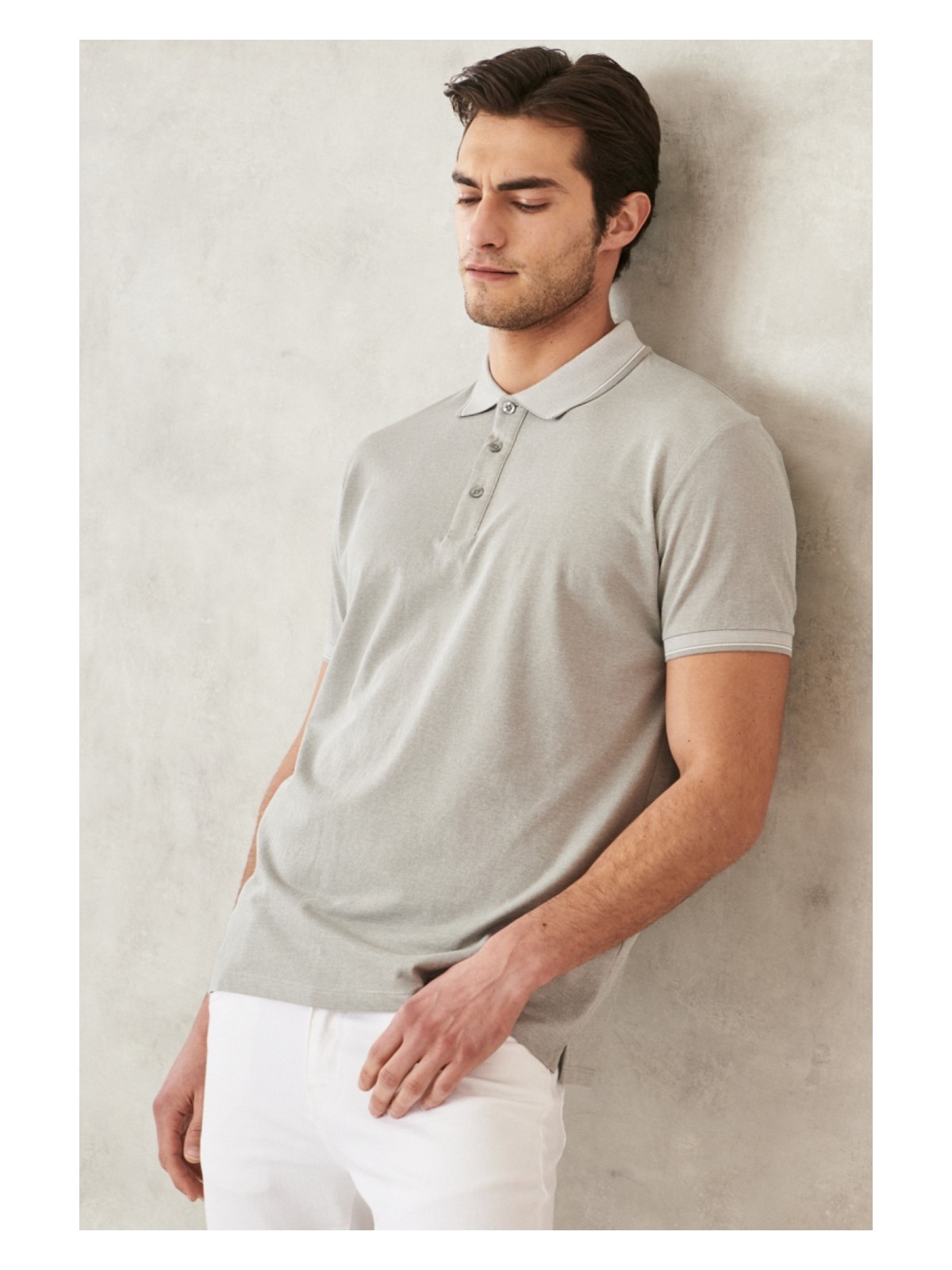 Altınyıldız Classics AC&Co / Altınyıldız Classics Erkek Çekmeyen Pamuklu Kumaş Slim Fit Dar Kesim Gri Kıvrılmaz Polo Yaka Tişört