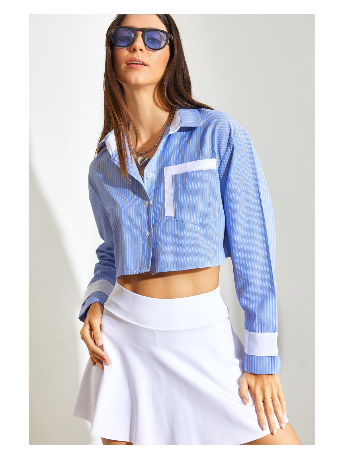 Shade Kadın Garni Cep Detaylı Çizgili Crop Gömlek