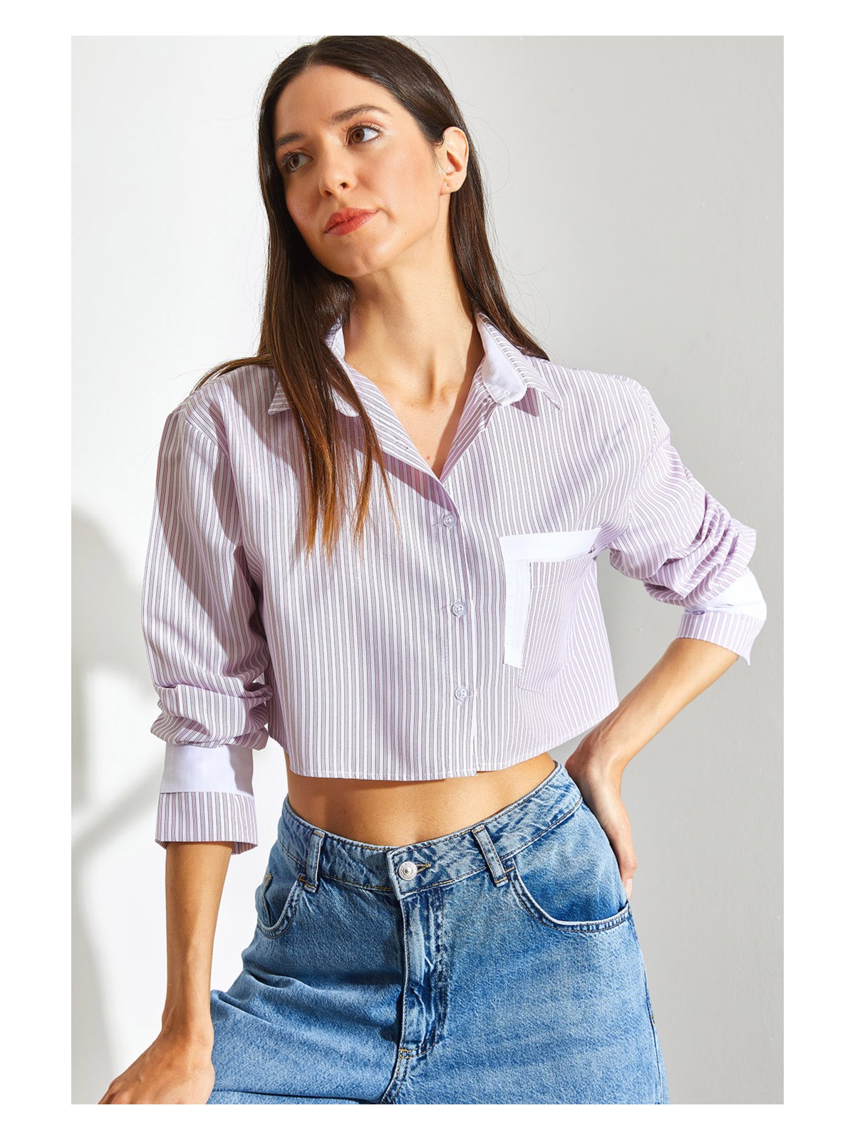 Shade Kadın Garni Cep Detaylı Çizgili Crop Gömlek - Görsel 5
