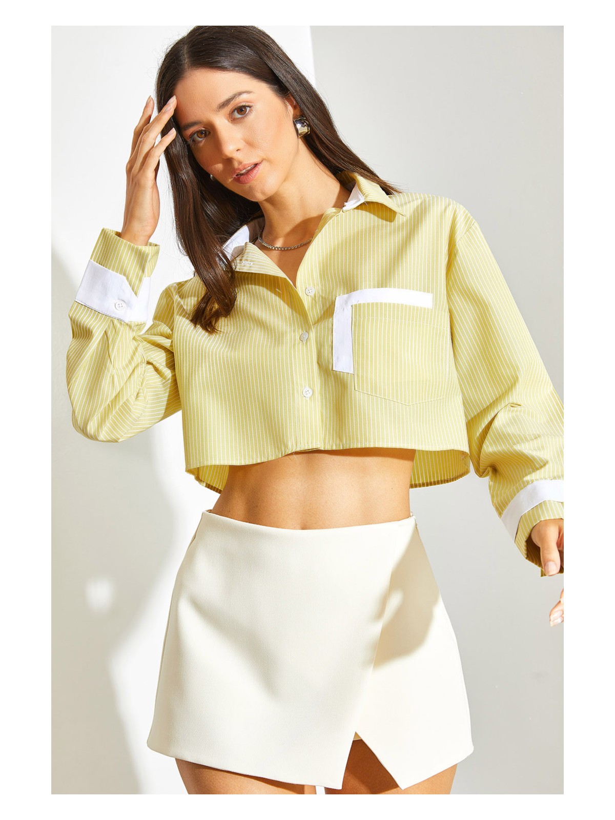 Shade Kadın Garni Cep Detaylı Çizgili Crop Gömlek - Görsel 6