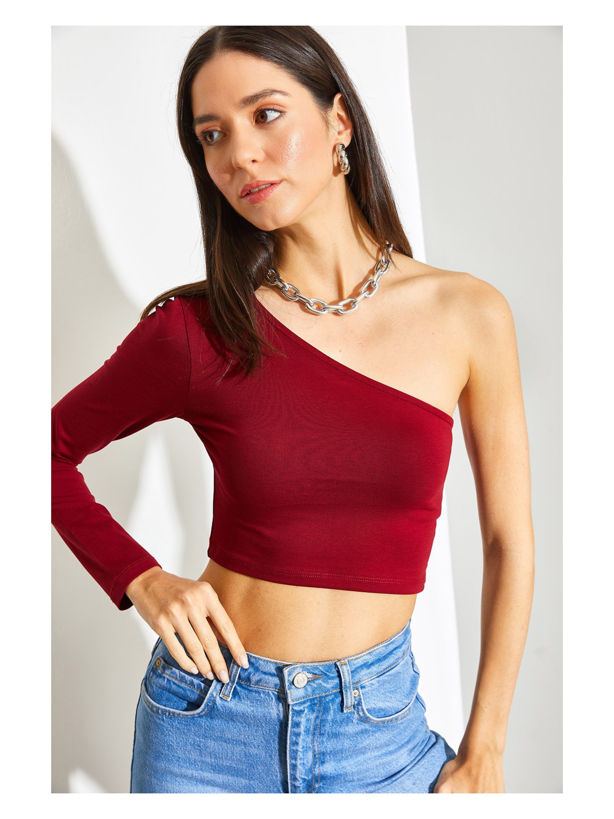 Shade Kadın Uzun Tek Omuz Crop Bluz - Görsel 3