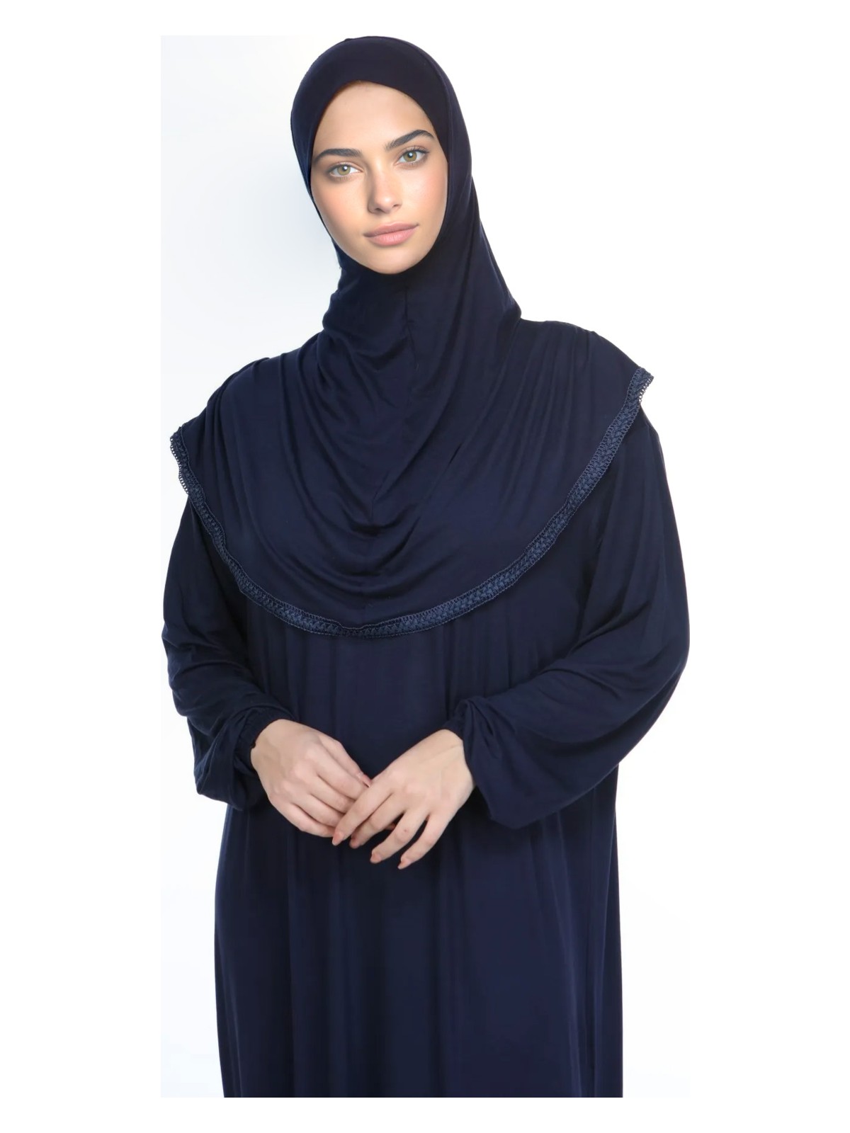 Sonbahar Moda Kadın Tesettür Pamuklu Başörtülü Namaz Elbisesi Dantelli Tek Parça Penye Kumaş Lacivert