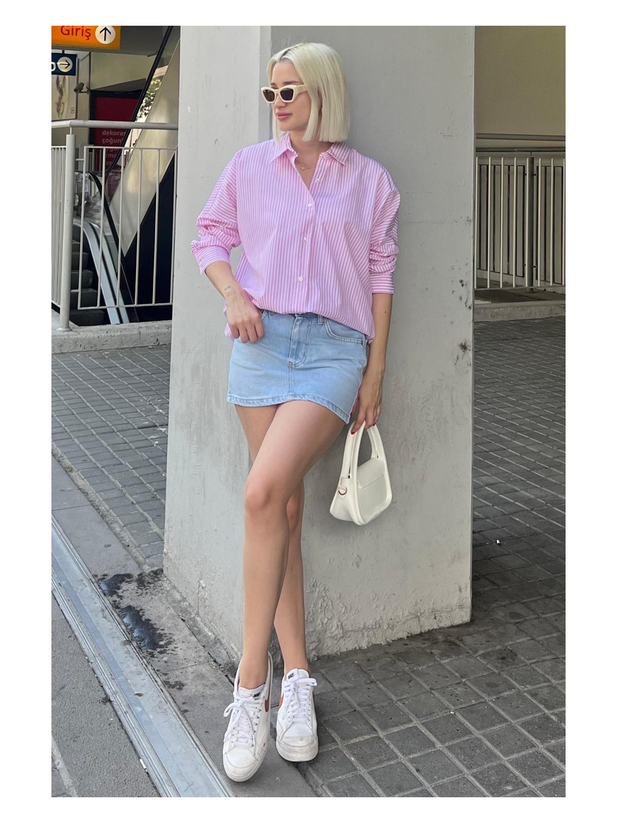 Madmext Mavi Çizgili Over Fit Gömlek MG1525 - Görsel 6