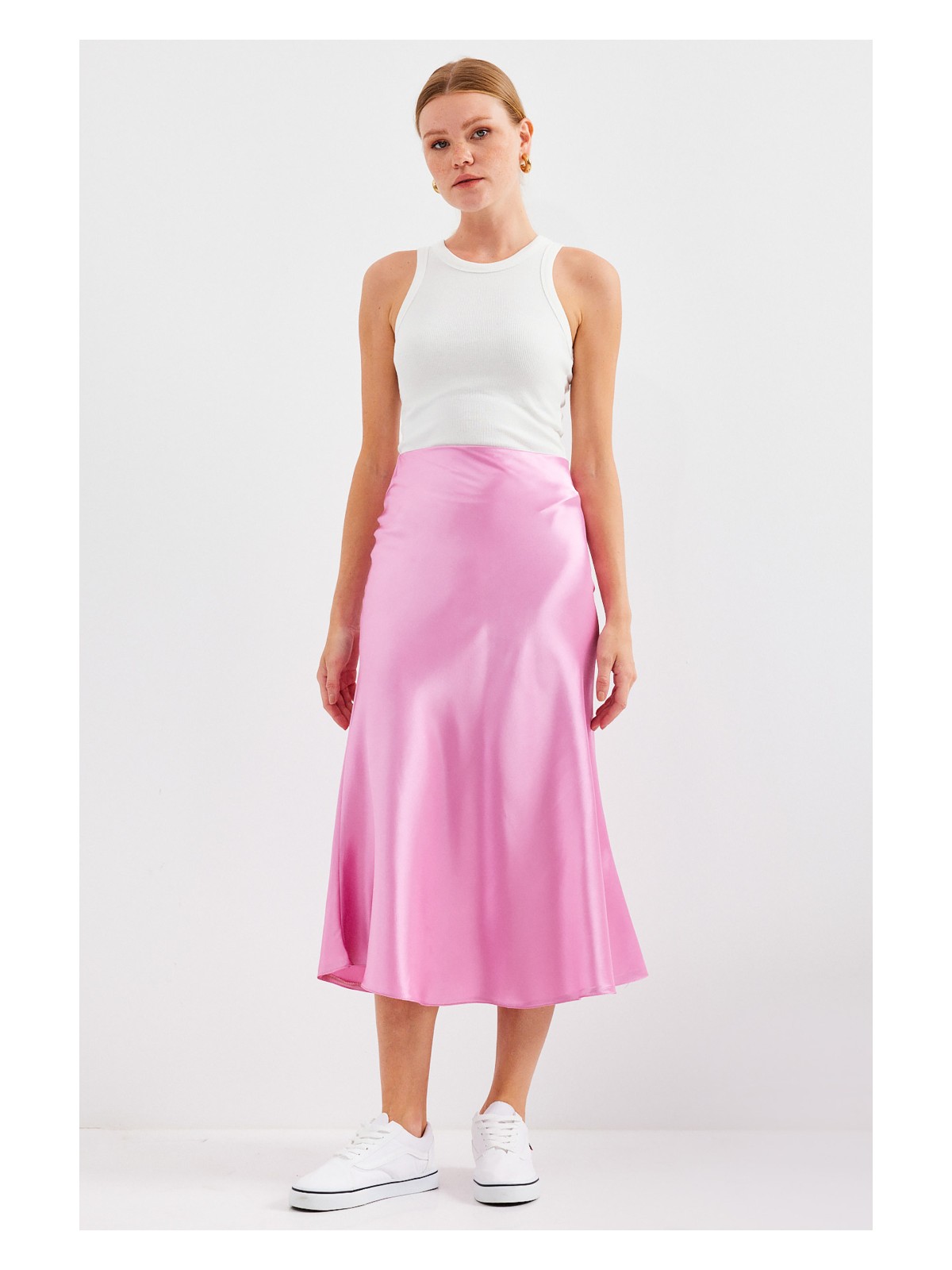 Bigdart Kadın Kırmızı Siyah Desenli Saten Etek 15806 - Görsel 8