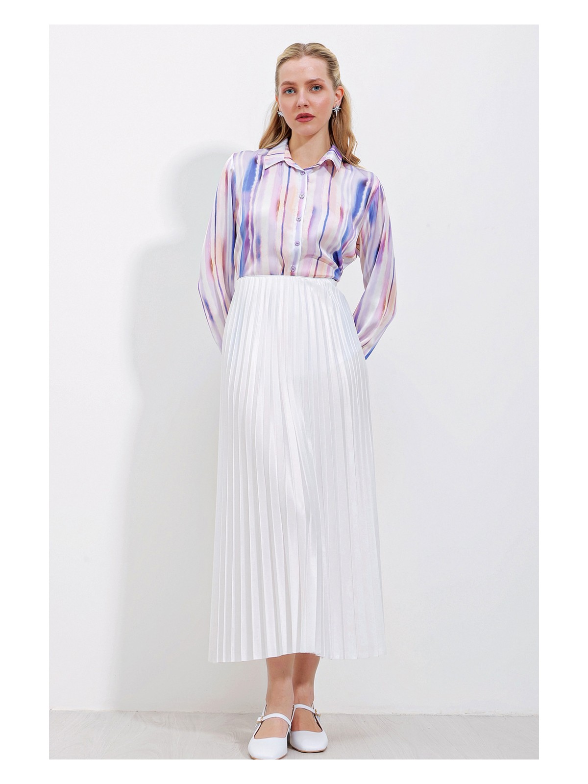 Bigdart 8009 Deri Görünümlü Piliseli Etek - Beyaz