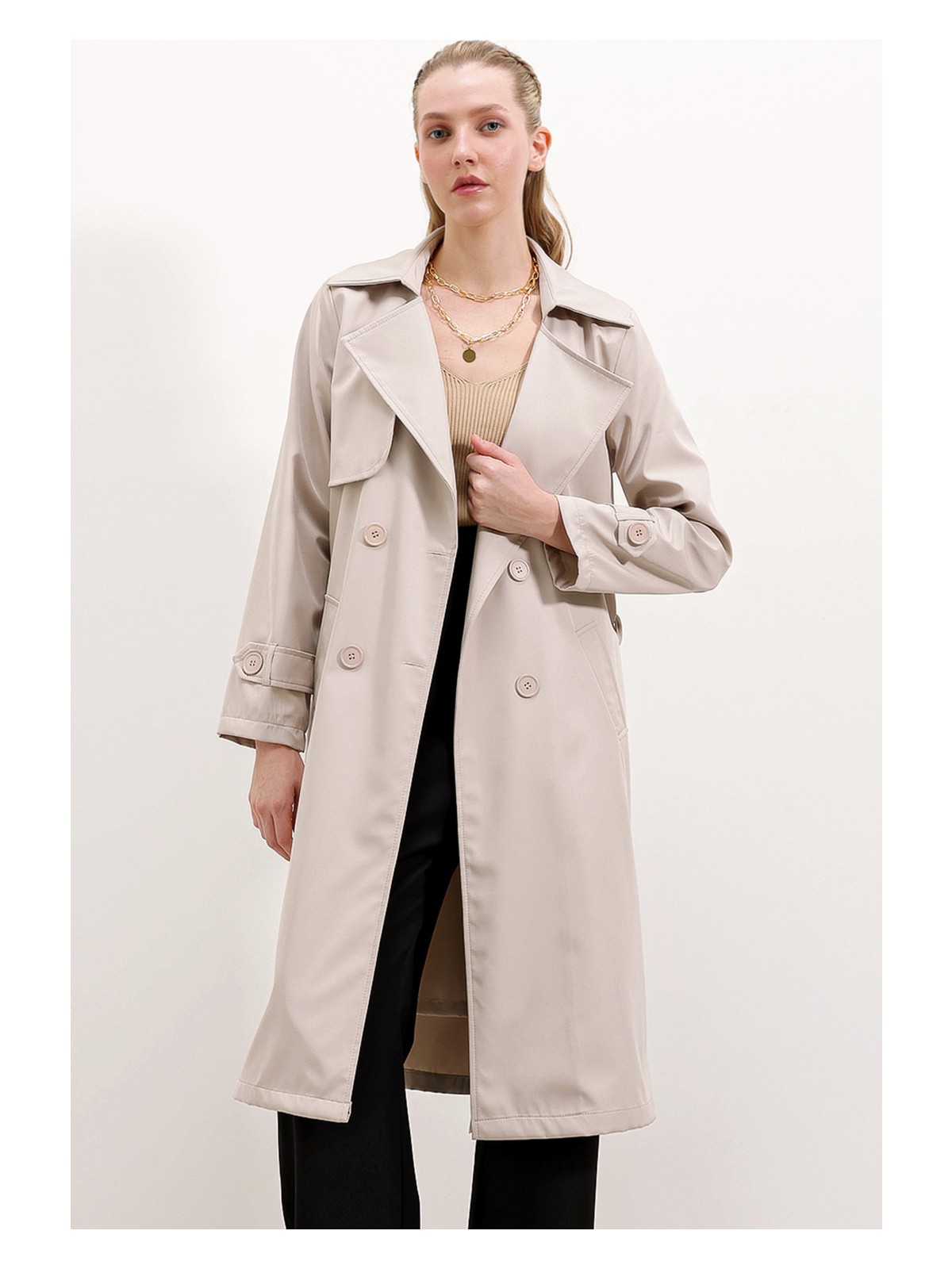 Bigdart 5918 Gri Kruvaze Yaka Trençkot Kadın Regular Kalıp Polyester Malzeme Özellikleri - Görsel 5