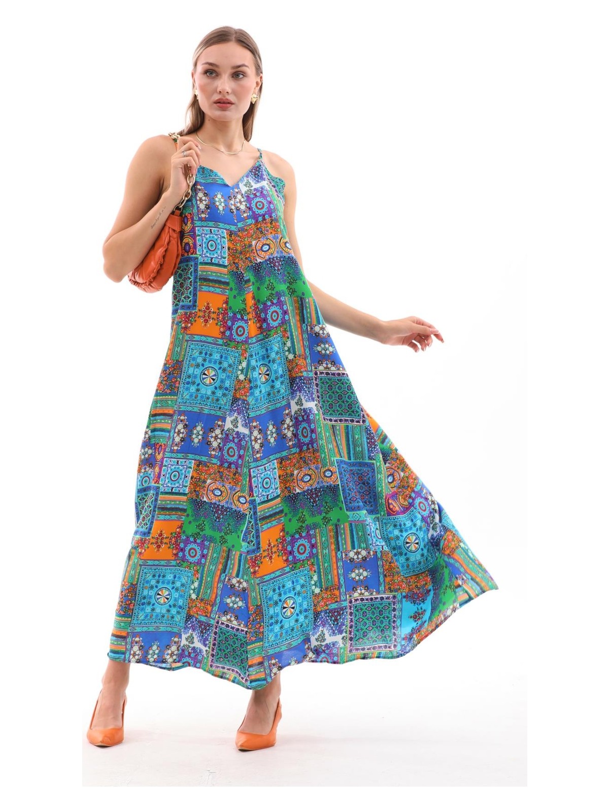 Şimal Kadın Ip Askılı Etnik Desenli Uzun Elbise - Görsel 4