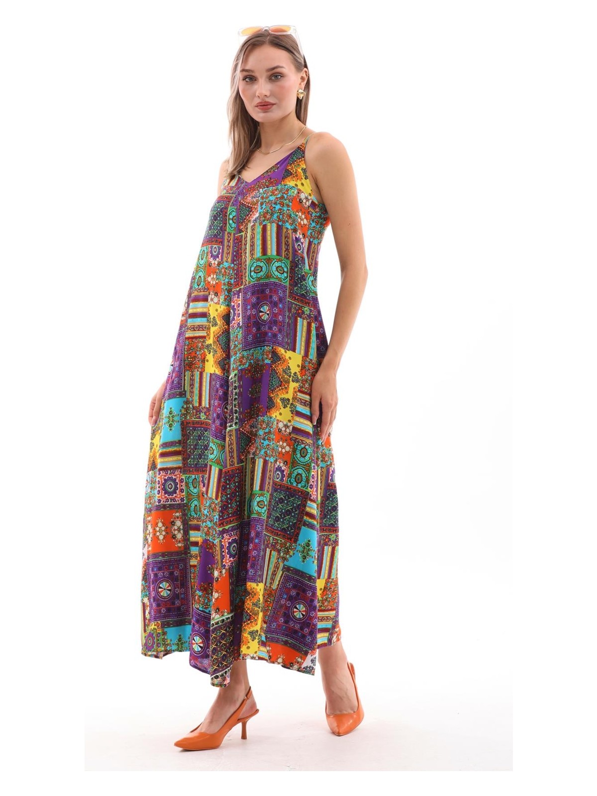 Şimal Kadın Ip Askılı Etnik Desenli Uzun Elbise