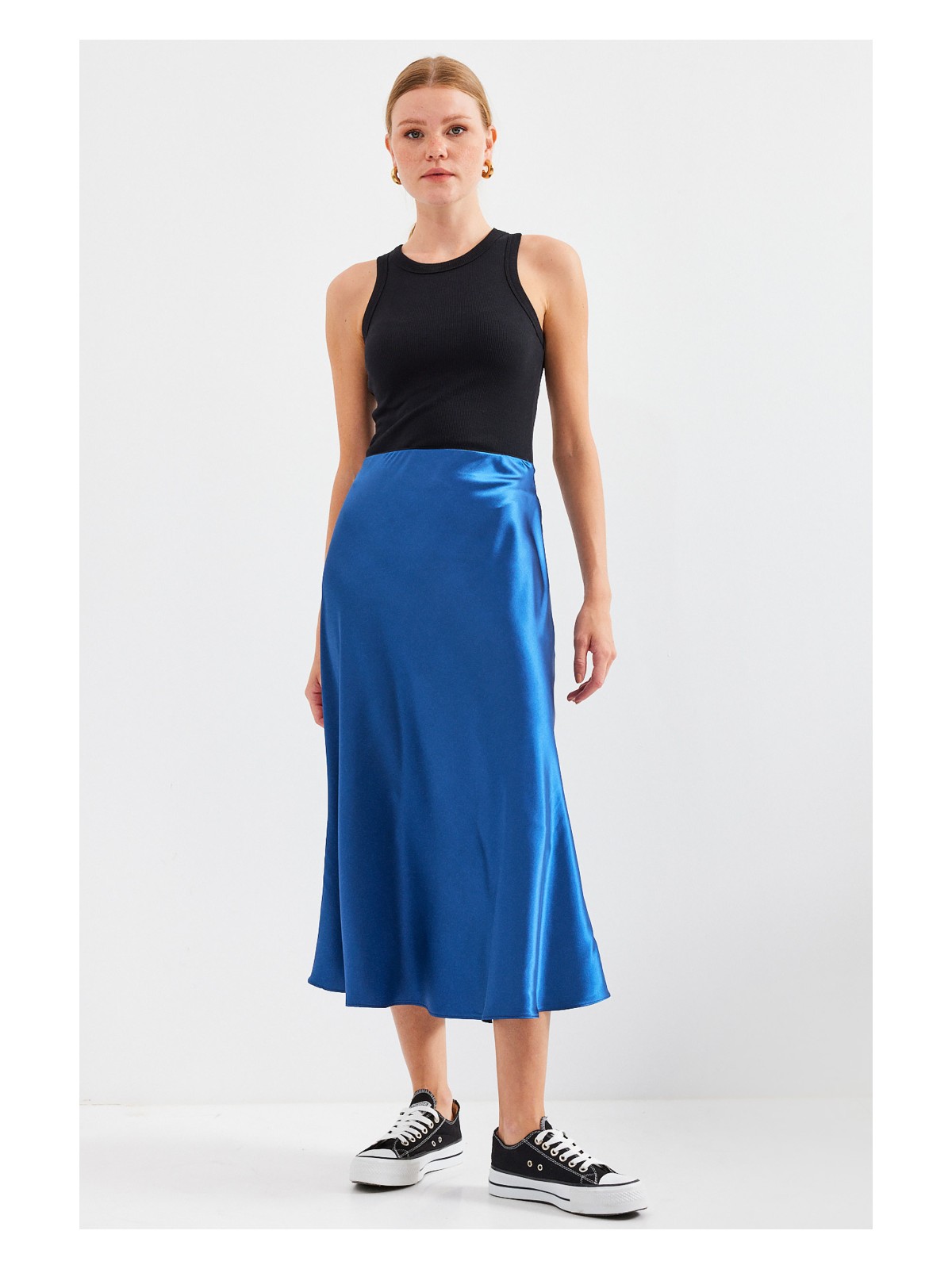 Bigdart Kadın Kırmızı Siyah Desenli Saten Etek 15806 - Görsel 9