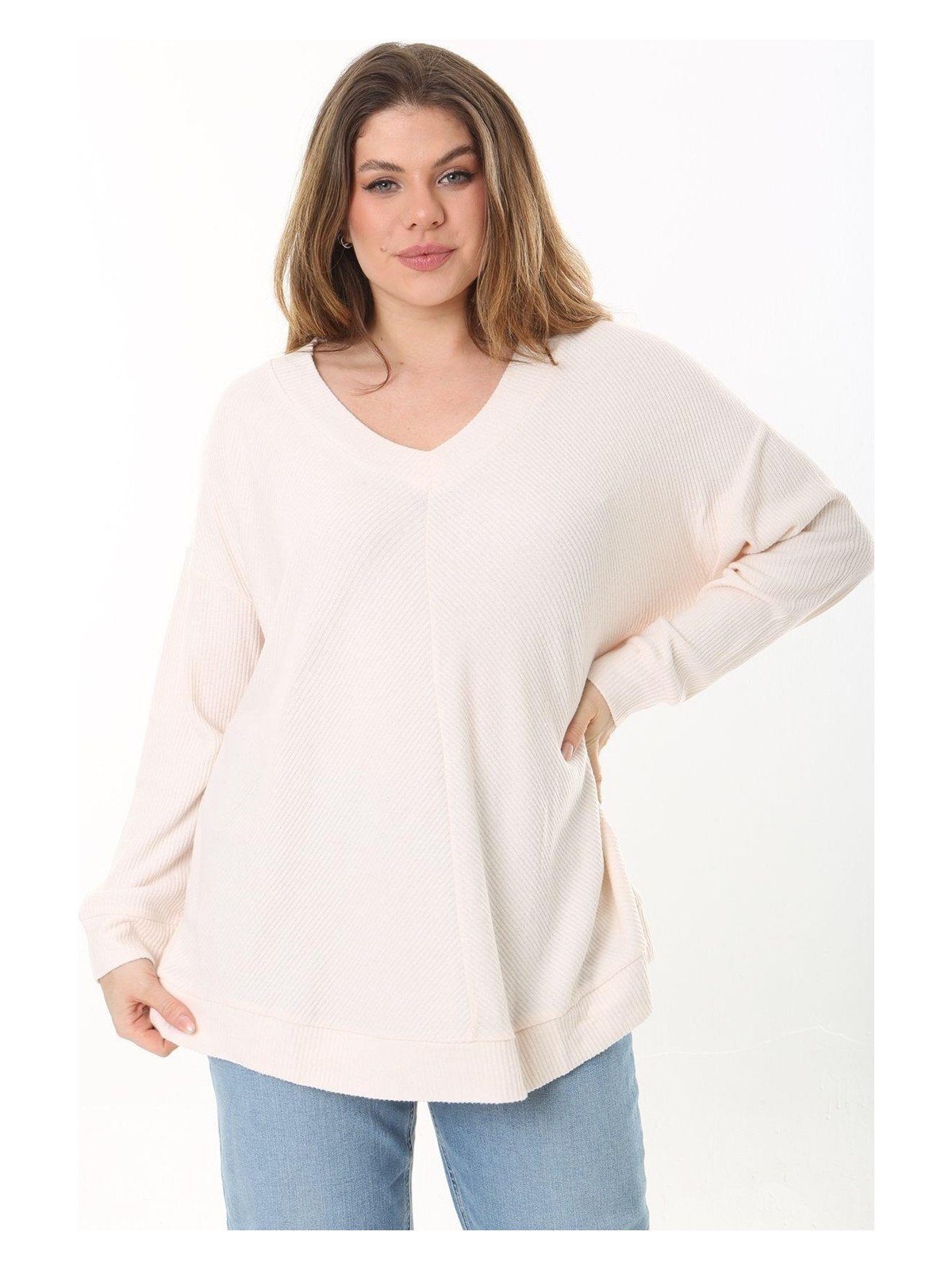 Şans Kadın Büyük Beden Pudra V Yakalı Kendinden Çizgili Uzun Kollu Tunik 65N37527