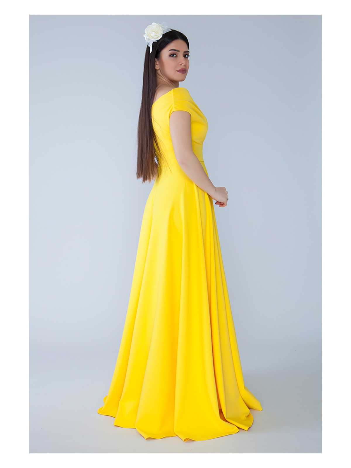 No48 Kayık Yaka Kruvaze Dokuma Dökümlü Kumaş Maxi Boy Abiye Elbise - Görsel 5