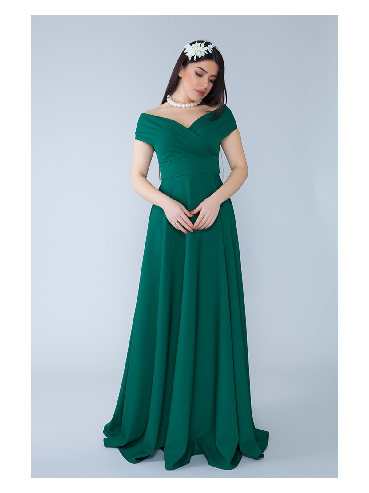 No48 Kayık Yaka Kruvaze Dokuma Dökümlü Kumaş Maxi Boy Abiye Elbise - Görsel 8