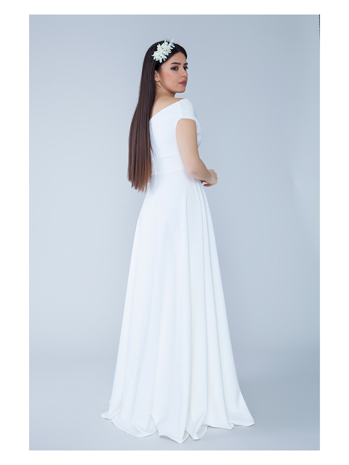 No48 Kayık Yaka Kruvaze Dokuma Dökümlü Kumaş Maxi Boy Abiye Elbise