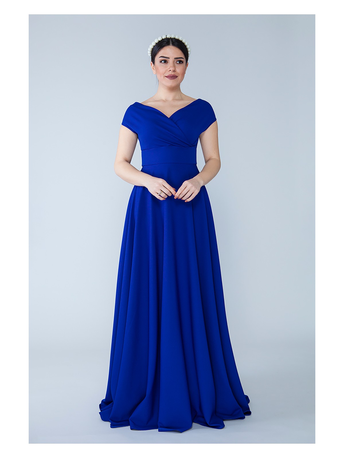 No48 Kayık Yaka Kruvaze Dokuma Dökümlü Kumaş Maxi Boy Abiye Elbise - Görsel 10