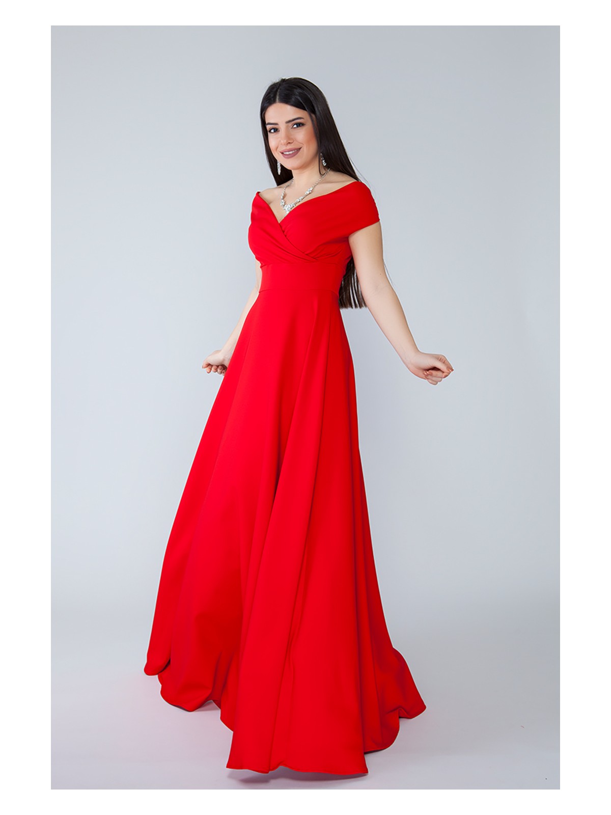 No48 Kayık Yaka Kruvaze Dokuma Dökümlü Kumaş Maxi Boy Abiye Elbise - Görsel 4