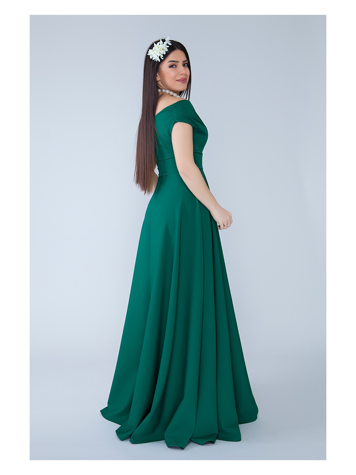 No48 Kayık Yaka Kruvaze Dokuma Dökümlü Kumaş Maxi Boy Abiye Elbise - Görsel 8