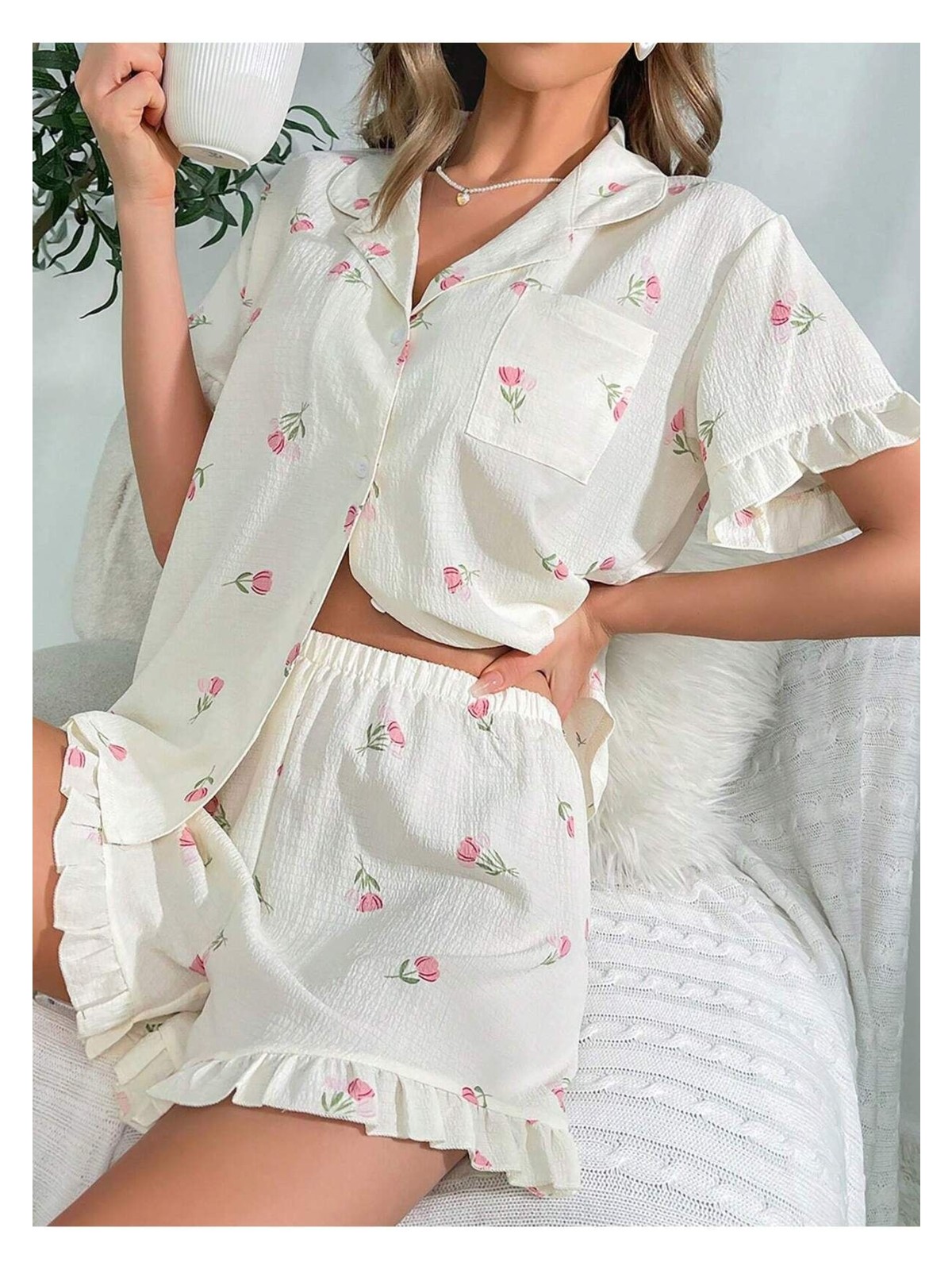 Bella Notte Çiçek Baskılı Fırfırlı Pijama Takımı