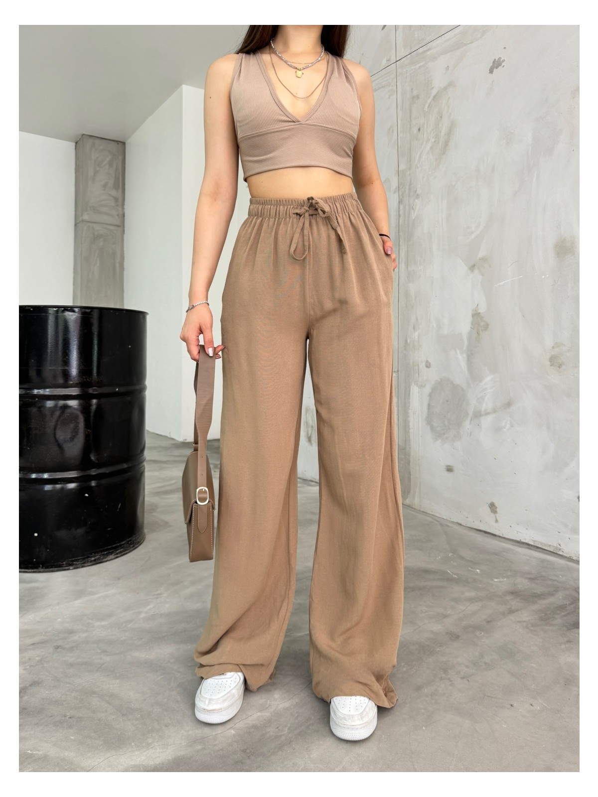 Bikelife Kadın Taş Keten Beli Lastik Bağlamalı Yüksek Bel Geniş Kesim Cepli Yazlık Pantolon - Görsel 6