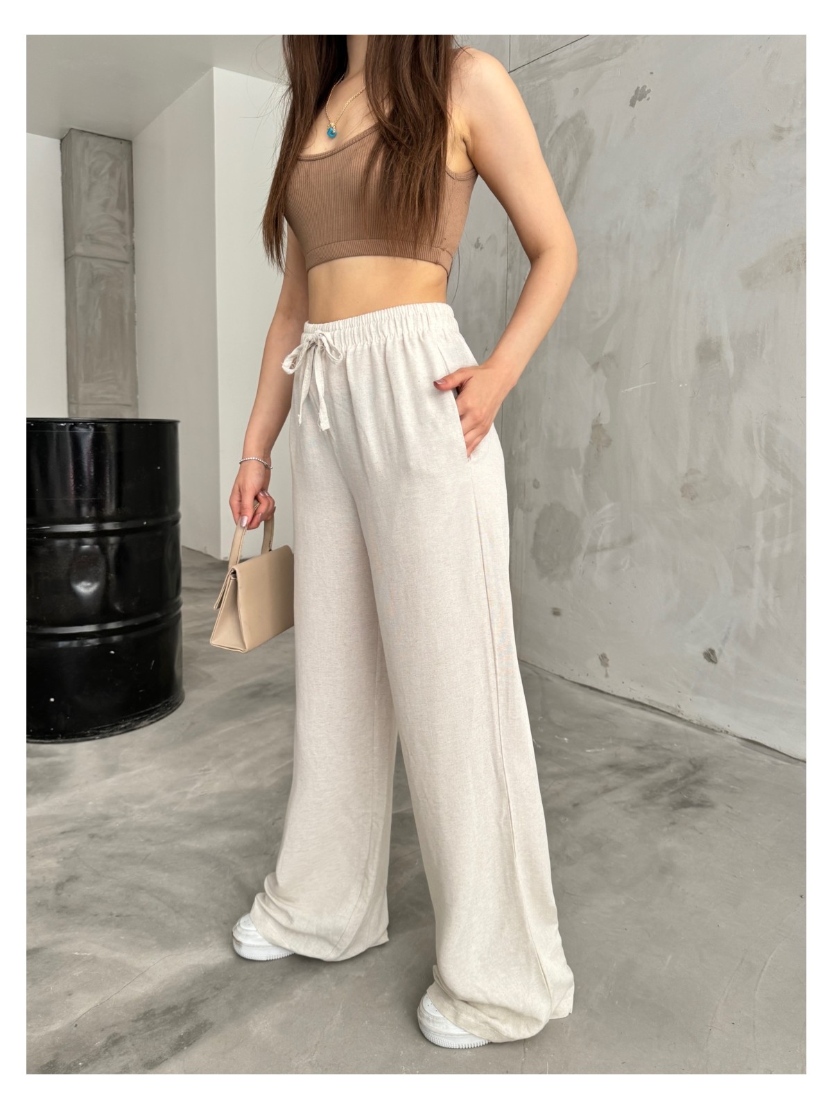Bikelife Kadın Taş Keten Beli Lastik Bağlamalı Yüksek Bel Geniş Kesim Cepli Yazlık Pantolon