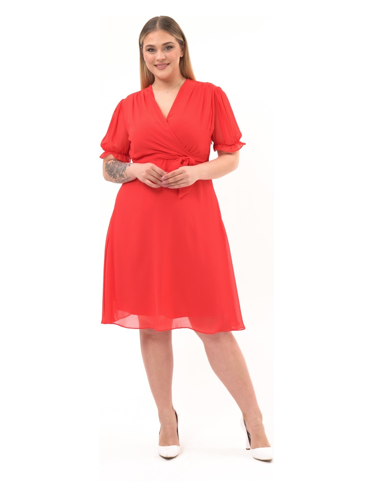 Apsen Kadın Kruvaze Yaka Kuşaklı Büyük Beden Midi Boy Şifon Elbise 4255-110 - Görsel 6