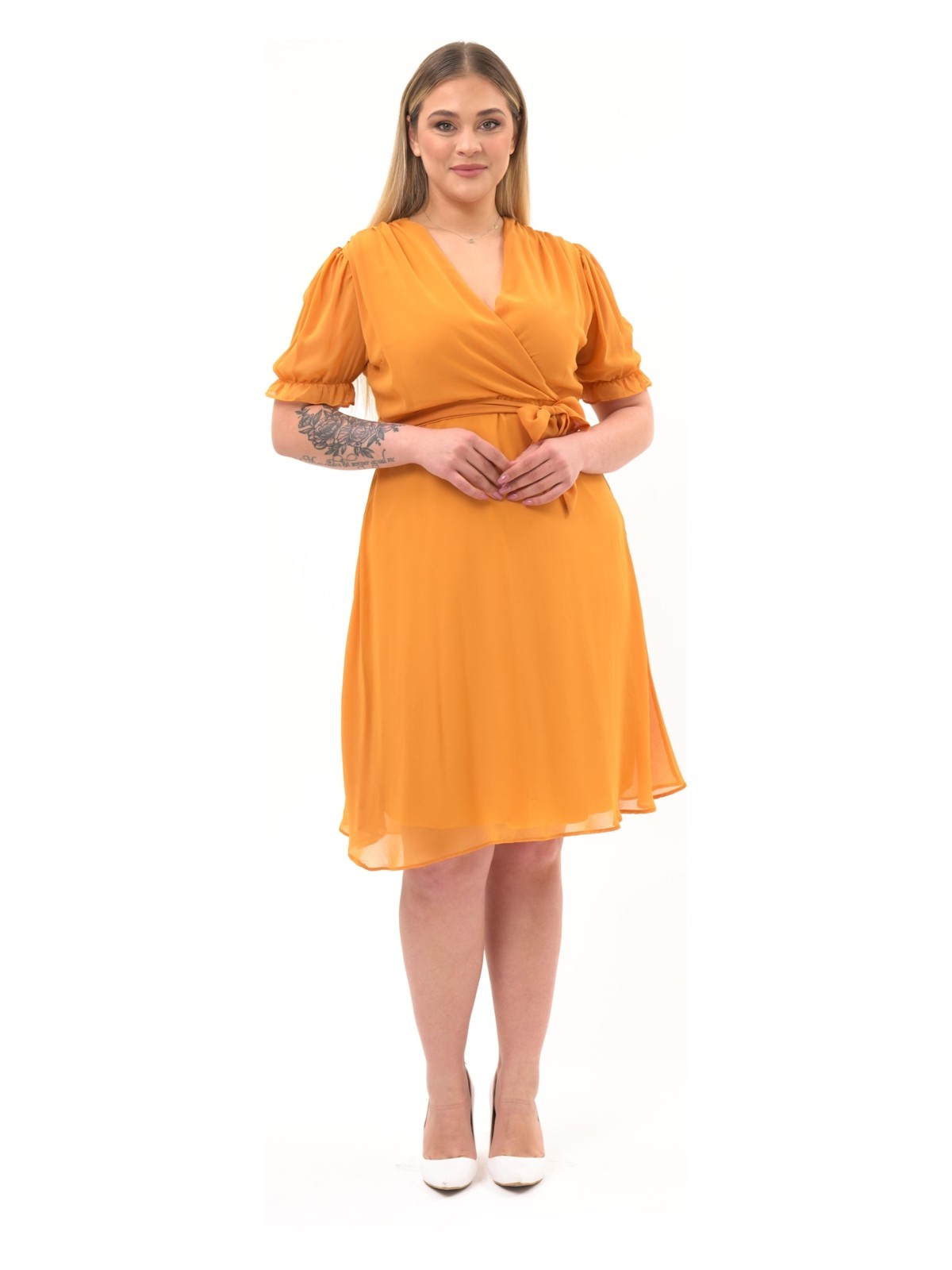 Apsen Kadın Kruvaze Yaka Kuşaklı Büyük Beden Midi Boy Şifon Elbise 4255-110 - Görsel 5