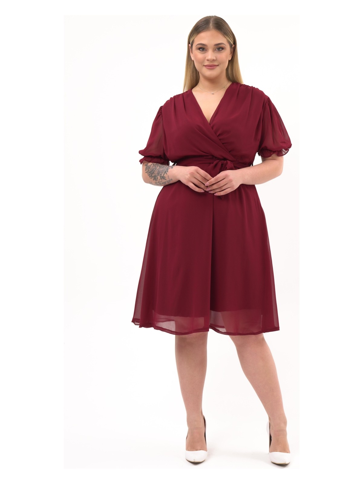 Apsen Kadın Kruvaze Yaka Kuşaklı Büyük Beden Midi Boy Şifon Elbise 4255-110 - Görsel 7