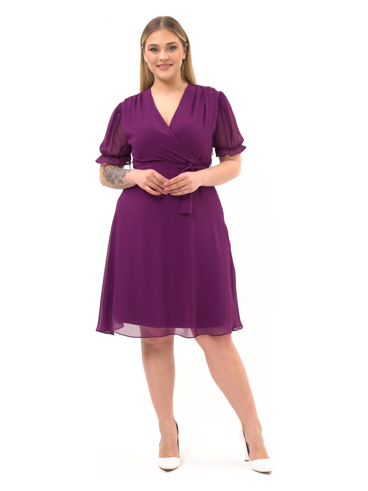 Apsen Kadın Kruvaze Yaka Kuşaklı Büyük Beden Midi Boy Şifon Elbise 4255-110 - Görsel 9