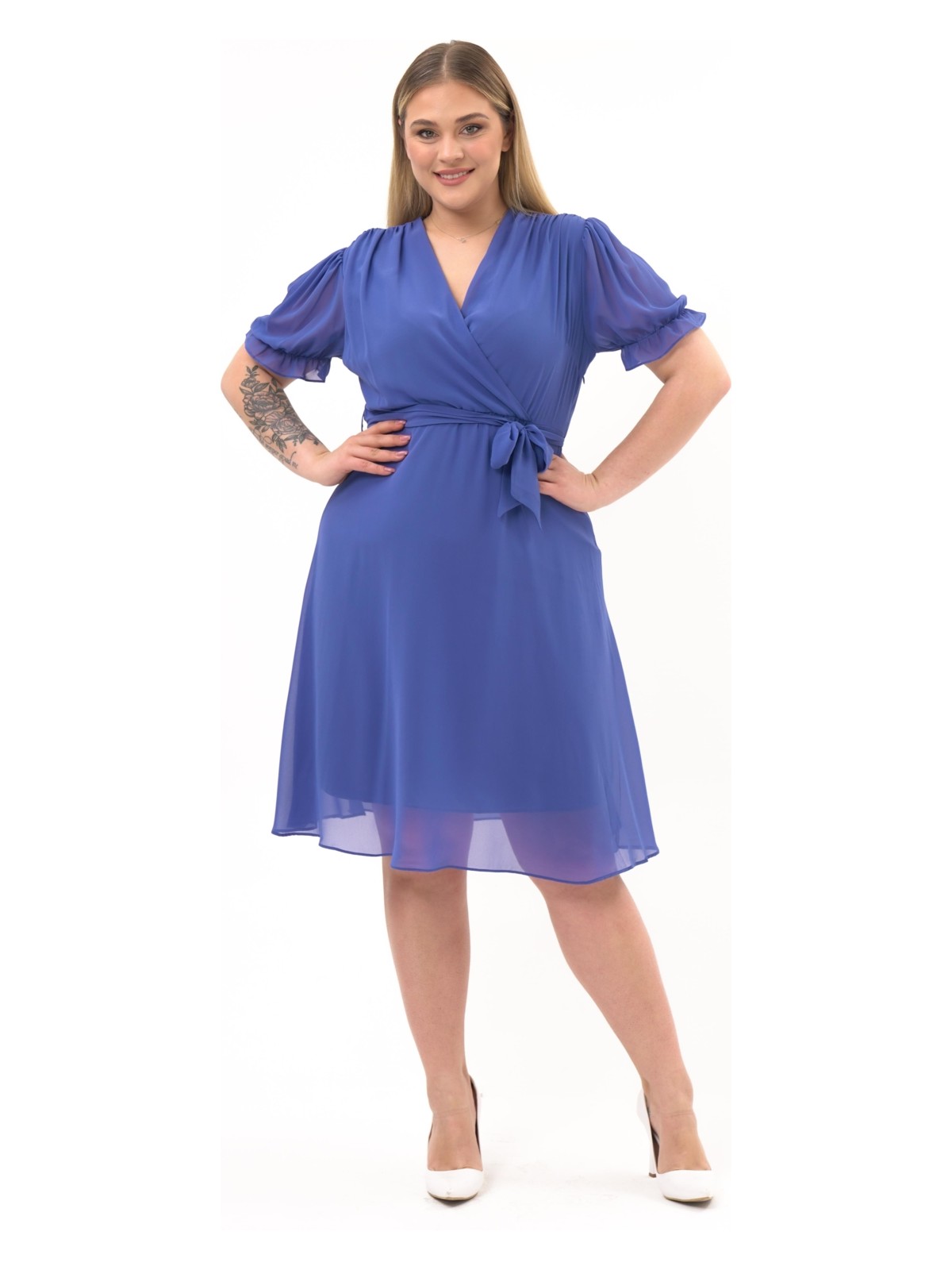 Apsen Kadın Kruvaze Yaka Kuşaklı Büyük Beden Midi Boy Şifon Elbise 4255-110 - Görsel 8