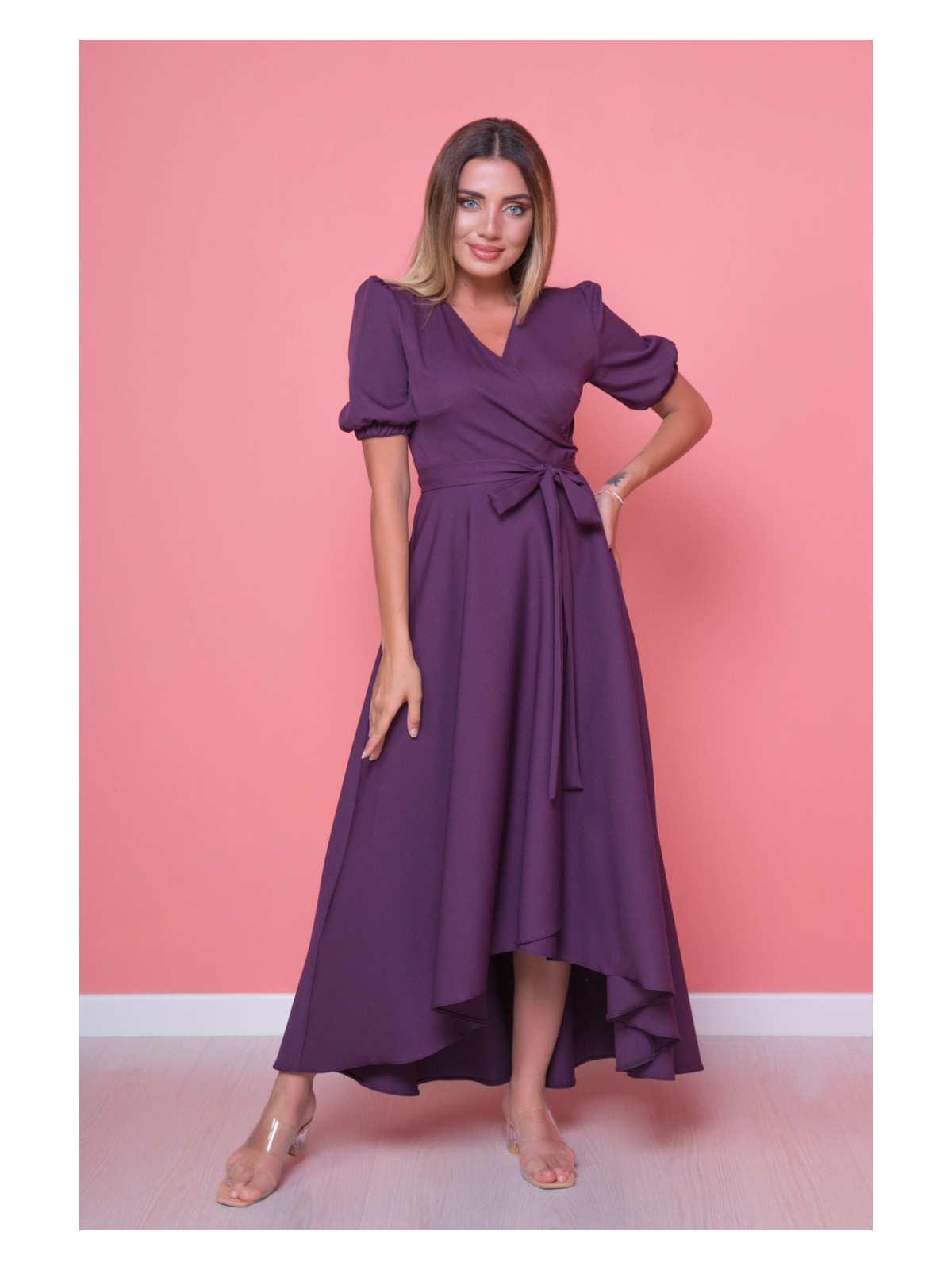 No48 Gül Kurusu Büyük Beden Asimetrik Kesim Elbise - Görsel 8