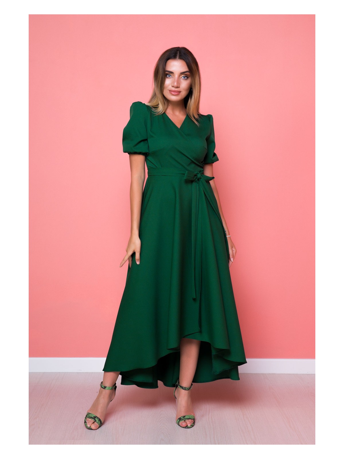 No48 Gül Kurusu Büyük Beden Asimetrik Kesim Elbise - Görsel 3