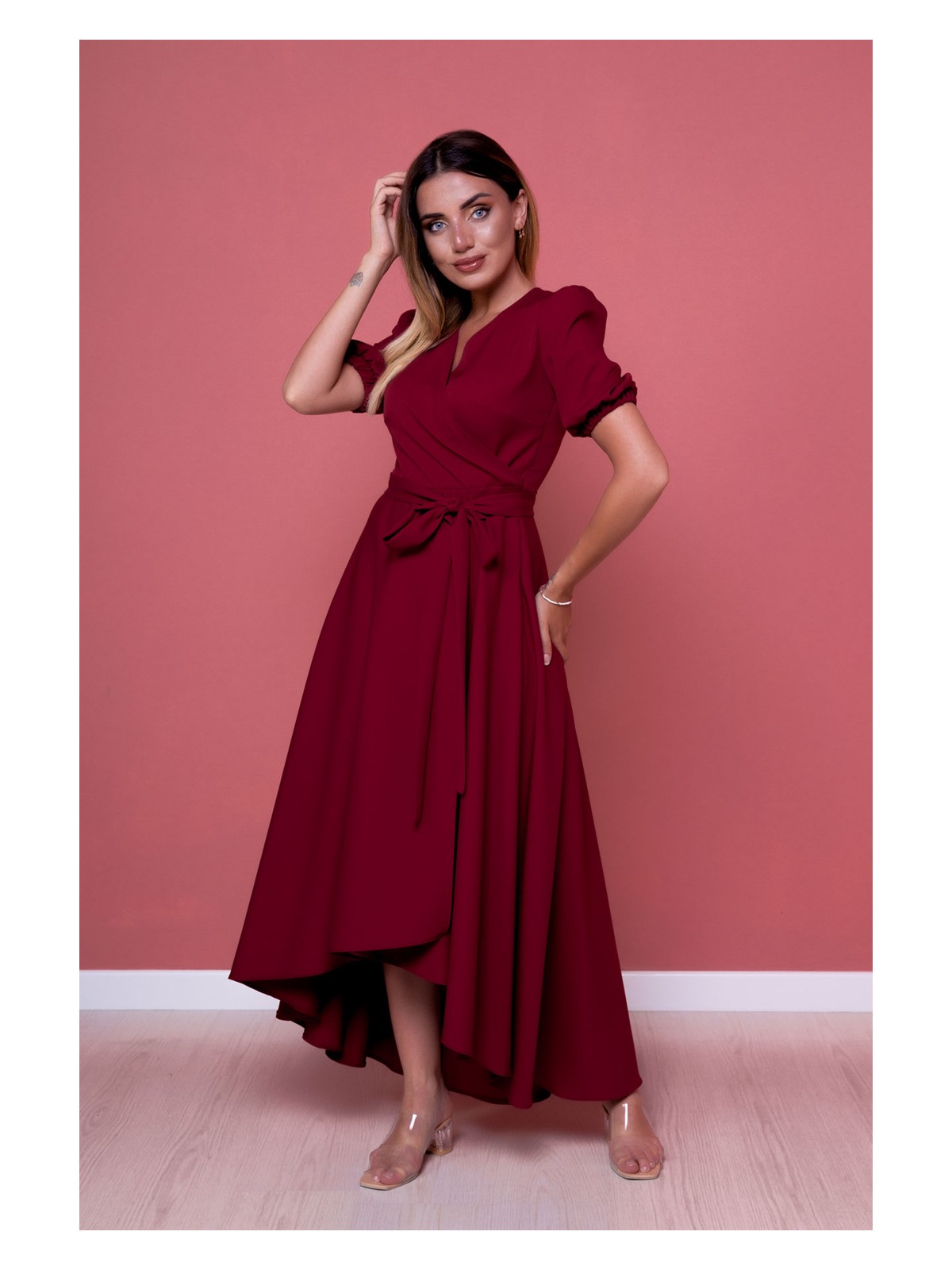 No48 Gül Kurusu Büyük Beden Asimetrik Kesim Elbise - Görsel 6