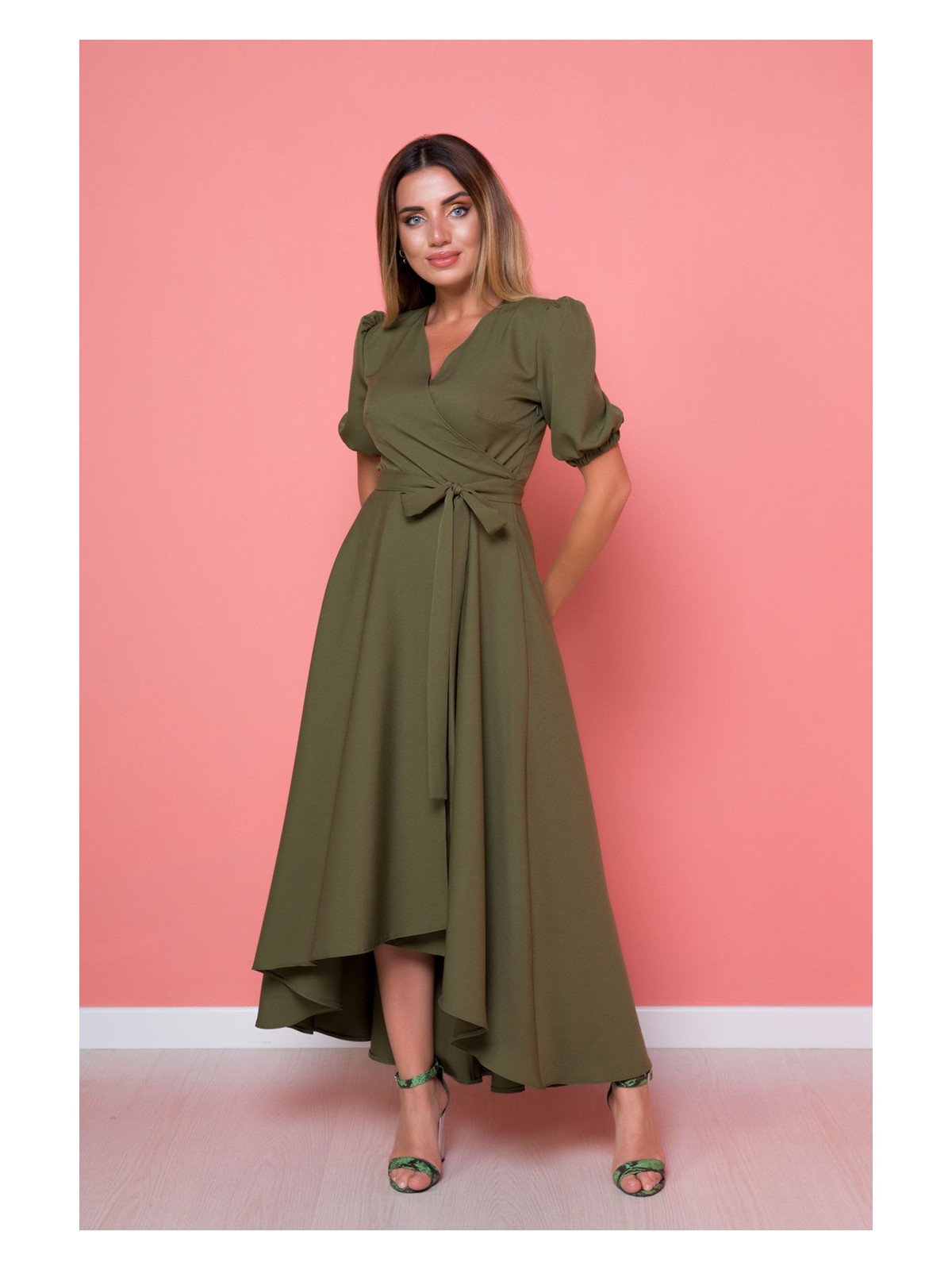 No48 Gül Kurusu Büyük Beden Asimetrik Kesim Elbise - Görsel 10