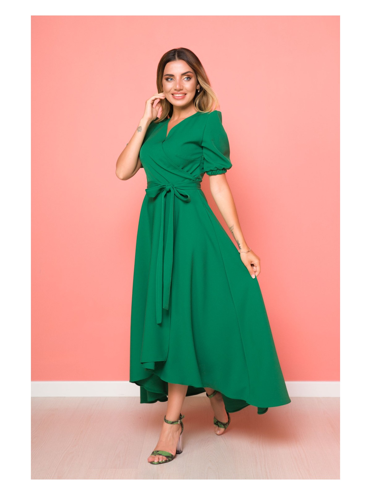 No48 Gül Kurusu Büyük Beden Asimetrik Kesim Elbise - Görsel 7