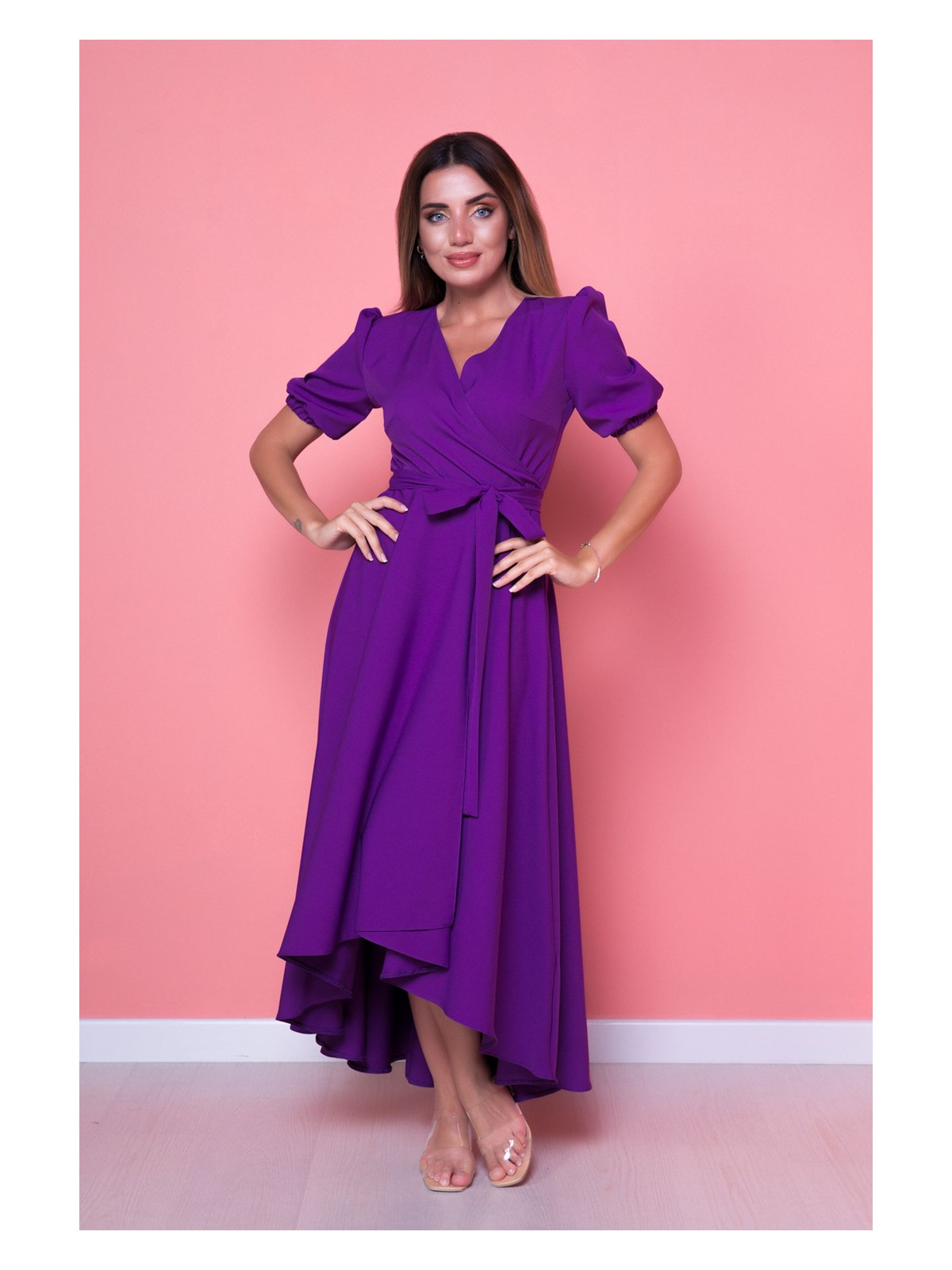 No48 Gül Kurusu Büyük Beden Asimetrik Kesim Elbise - Görsel 5