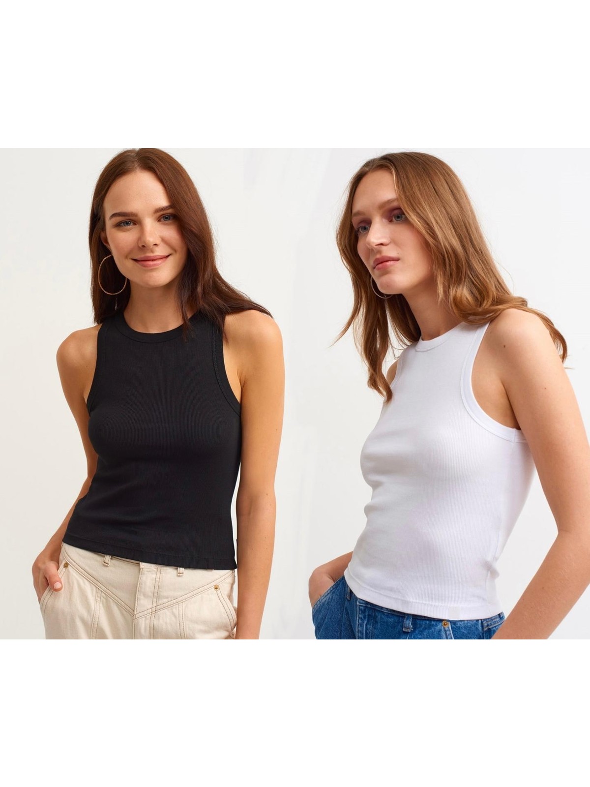 Actiwear Kadın 2'Li Paket Fitilli Halter Yaka Örme Atlet T-Shirt