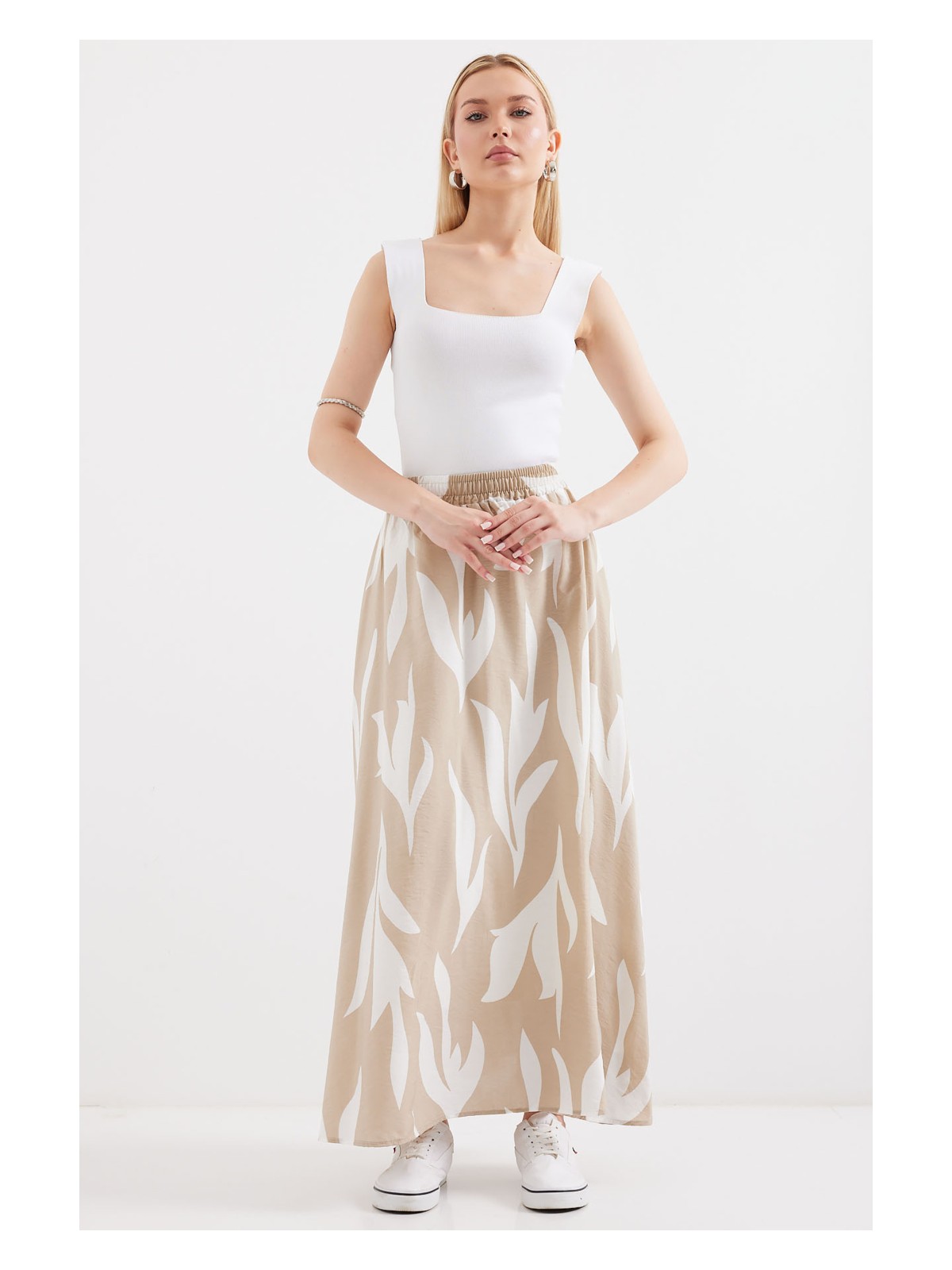 Bigdart 8028 Desenli Uzun Etek - Bej