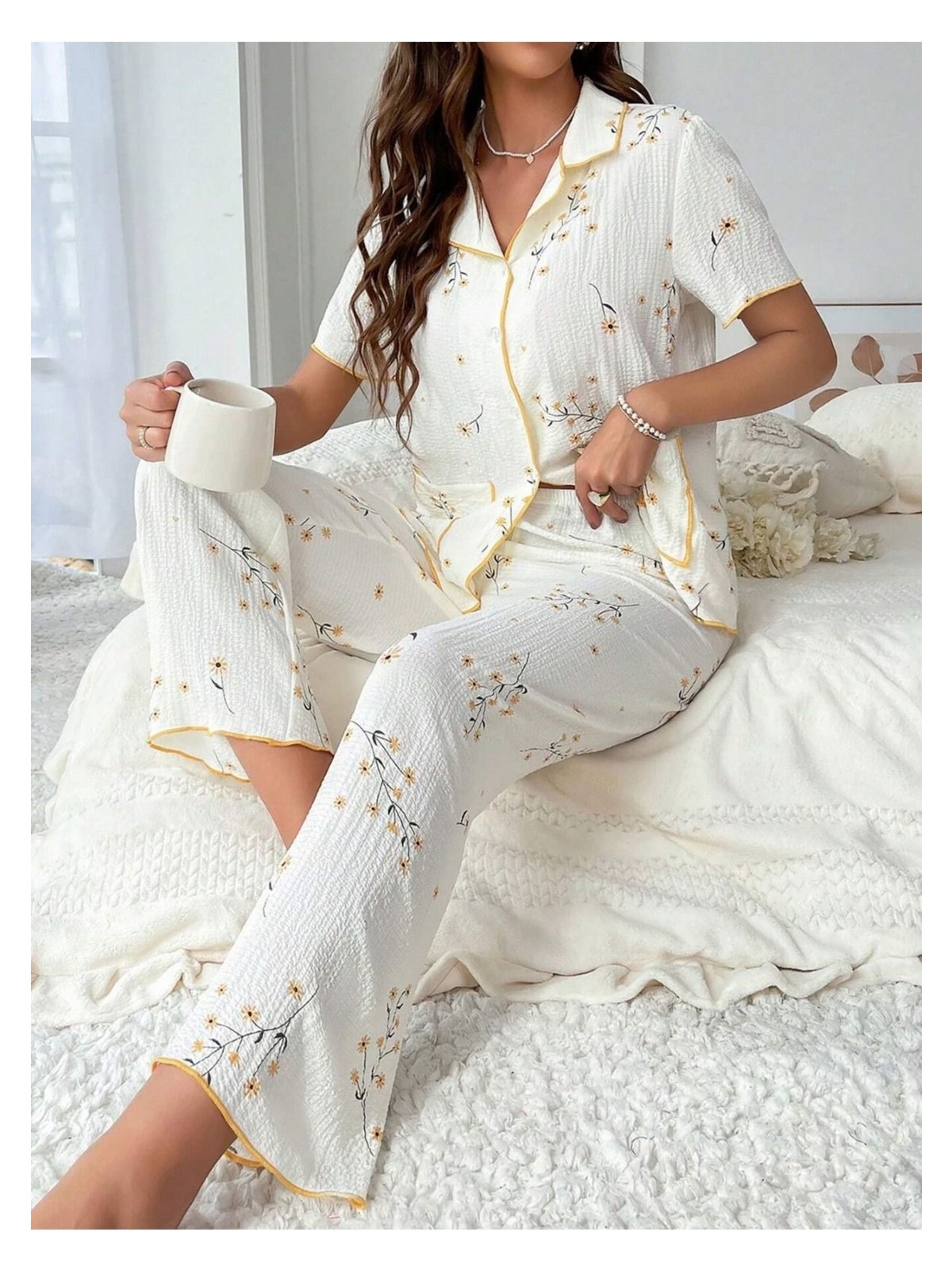 Bella Notte Çiçek Baskılı Cep Detaylı Düğmeli Günlük Pijama Takımı