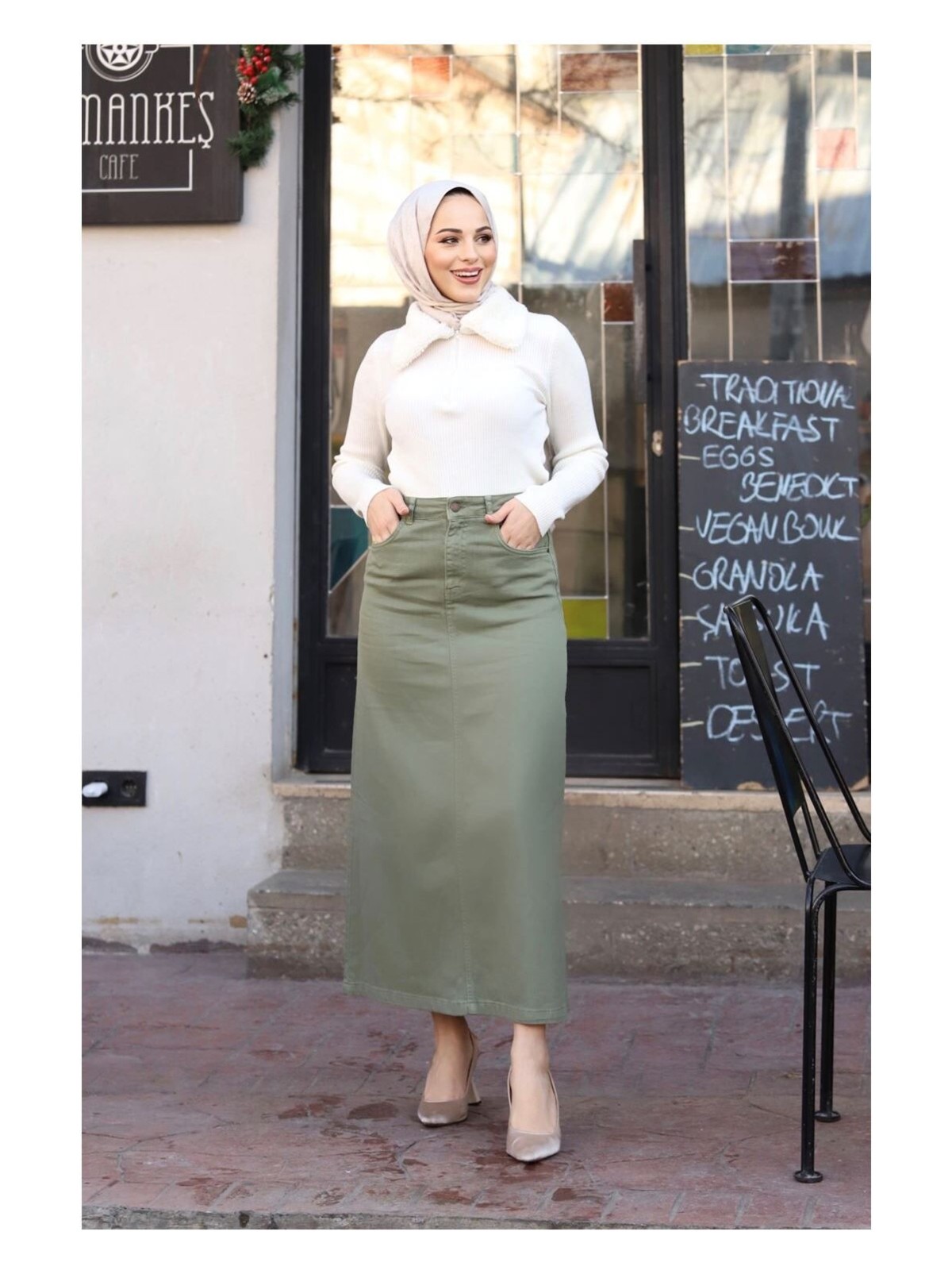 Vellichor Haki Tesettür Etek %100 Pamuk Doğal Kumaşlı Cepli Uzun 76 Cm Bel Ölçüsü